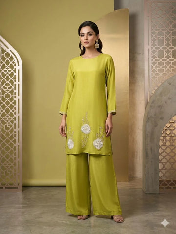 Lemon Green Pure Viscose Jardozi Handwork 2 Piece Cord Set for Women | Designer Ethnic Co-Ord Set