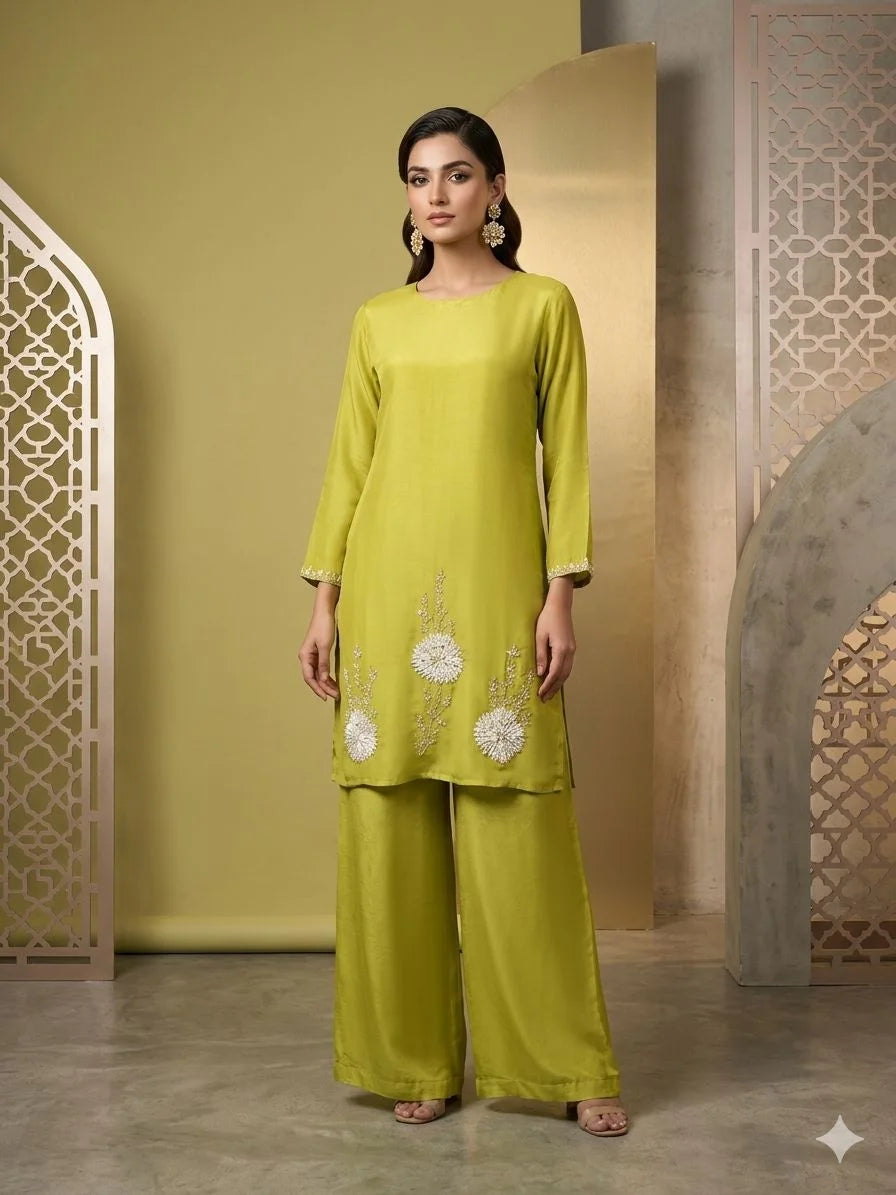 Lemon Green Pure Viscose Jardozi Handwork 2 Piece Cord Set for Women | Designer Ethnic Co-Ord Set
