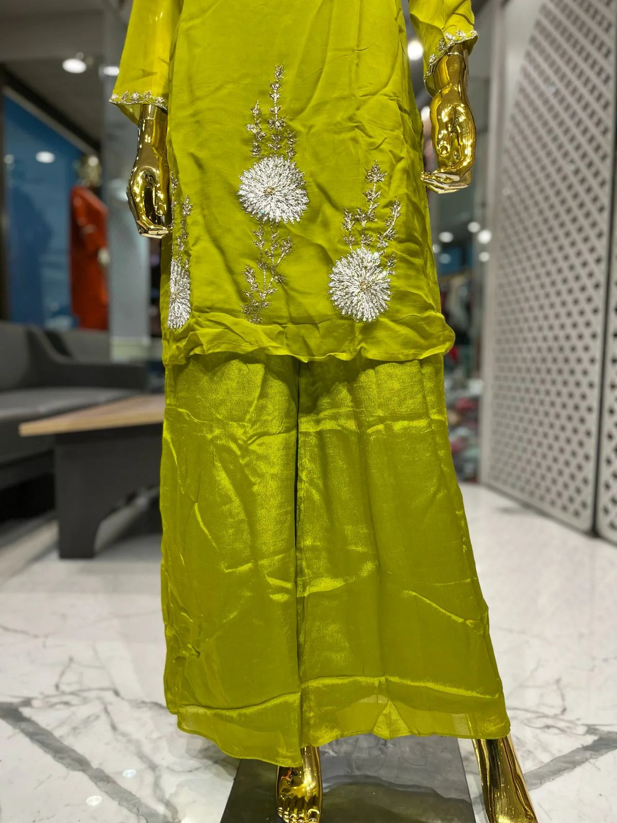 Lemon Green Pure Viscose Jardozi Handwork 2 Piece Cord Set for Women | Designer Ethnic Co-Ord Set