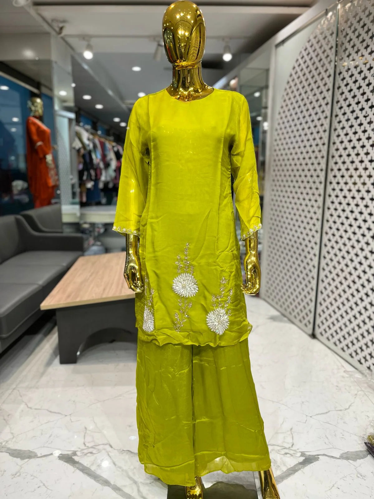 Lemon Green Pure Viscose Jardozi Handwork 2 Piece Cord Set for Women | Designer Ethnic Co-Ord Set