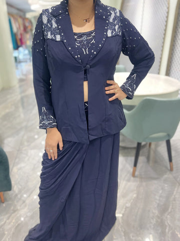 Navy Blue Hand Work Rayon Indo Western - OMGORI 978 1