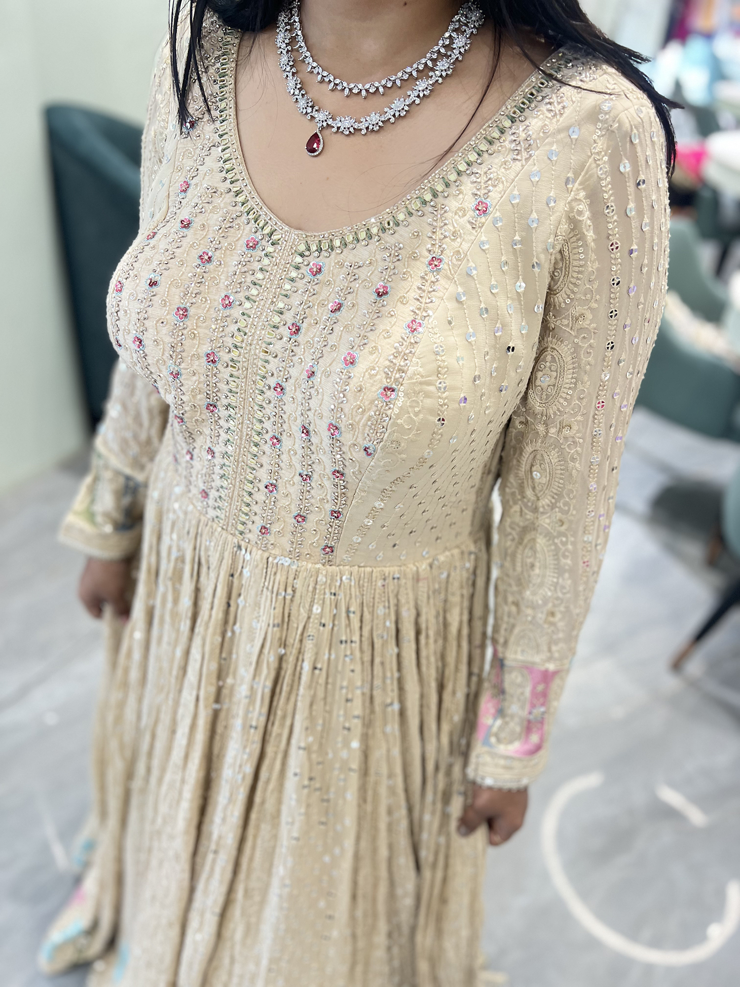Cream Sequin Chiffon Gown - PGORIC 2199 1