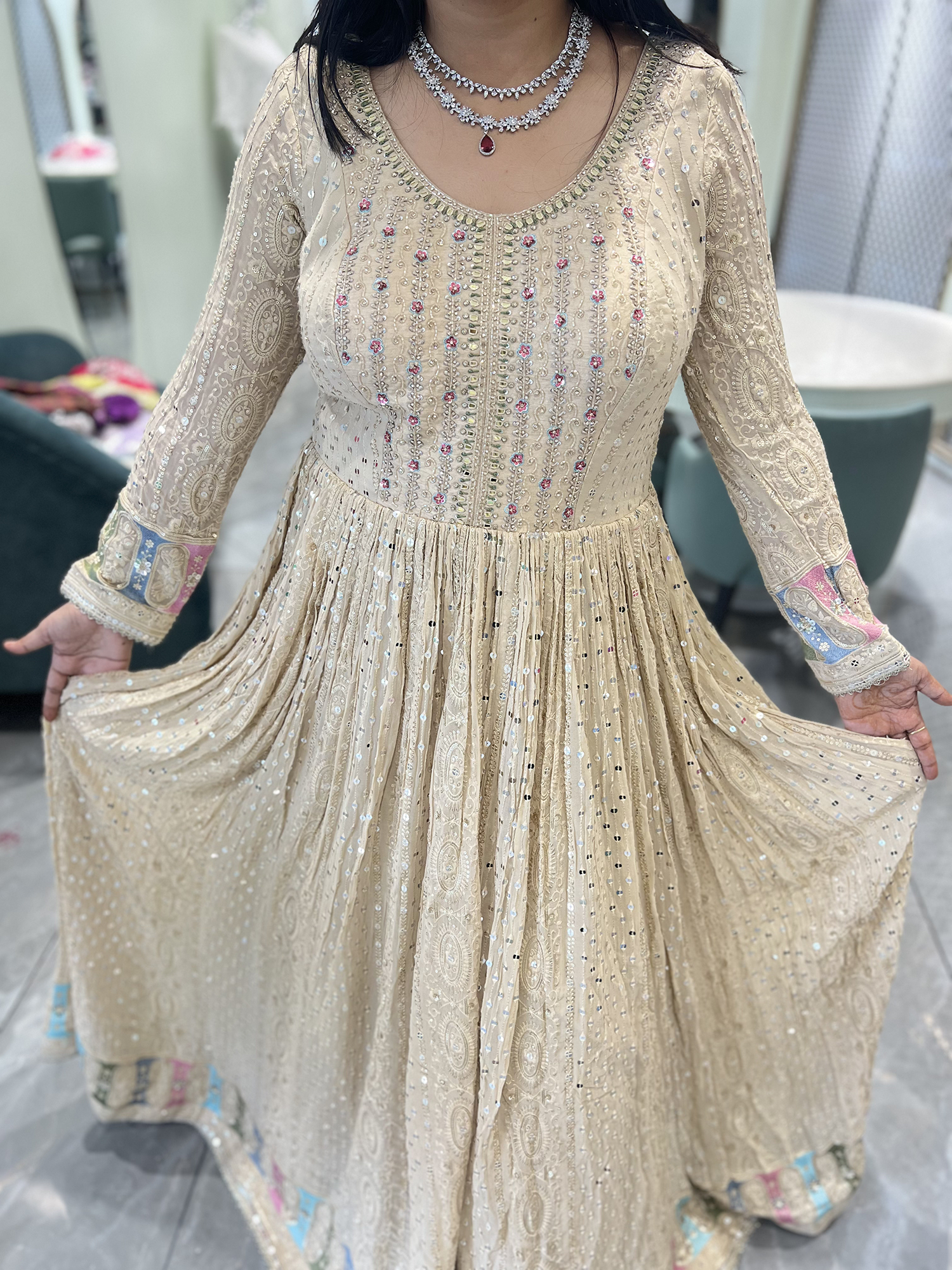 Cream Sequin Chiffon Gown - PGORIC 2199 1