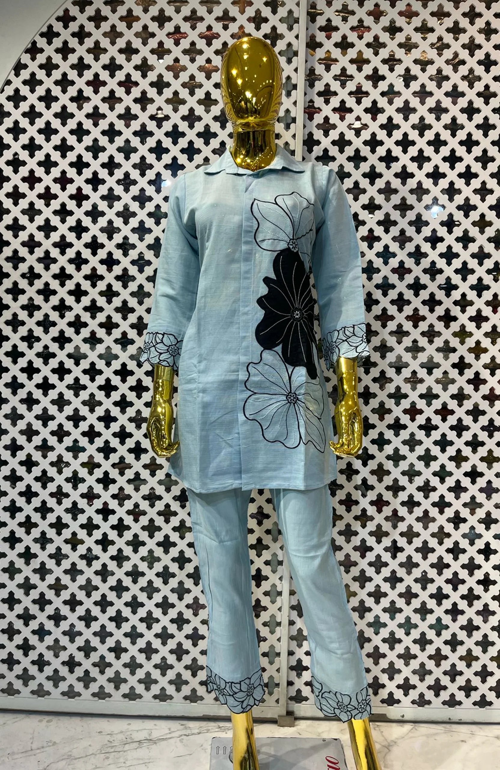 Sky Blue Roman Silk Embroidered Co-Ord Set for Women | Floral Designer 2 Piece Cord Set