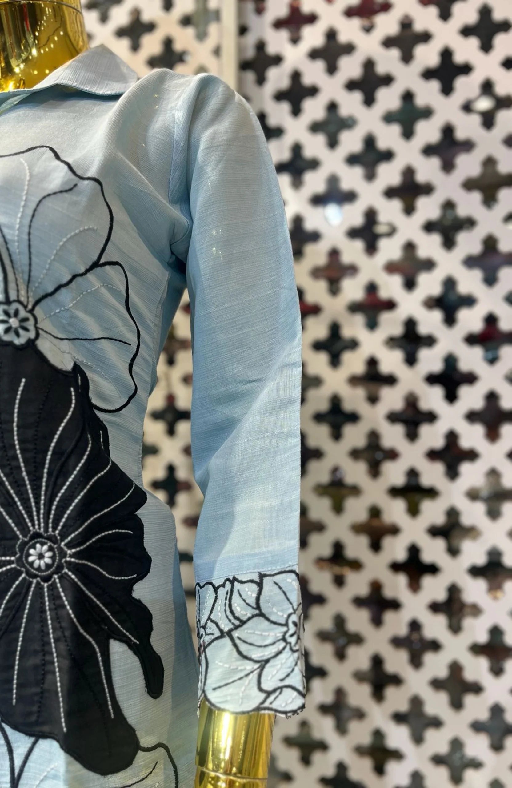 Sky Blue Roman Silk Embroidered Co-Ord Set for Women | Floral Designer 2 Piece Cord Set