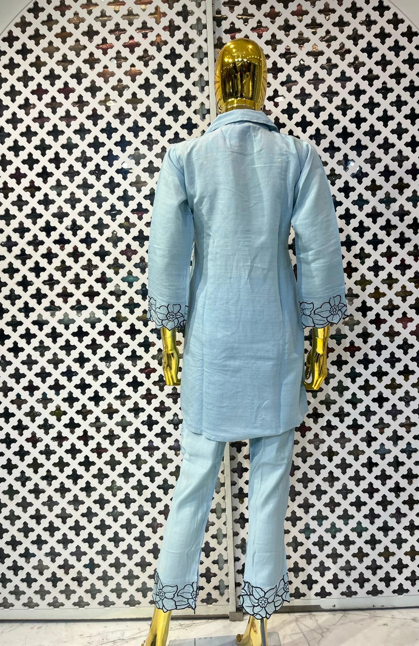 Sky Blue Roman Silk Embroidered Co-Ord Set for Women | Floral Designer 2 Piece Cord Set