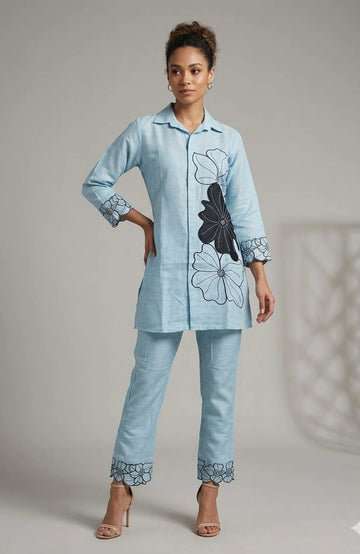 Sky Blue Roman Silk Embroidered Co-Ord Set for Women | Floral Designer 2 Piece Cord Set