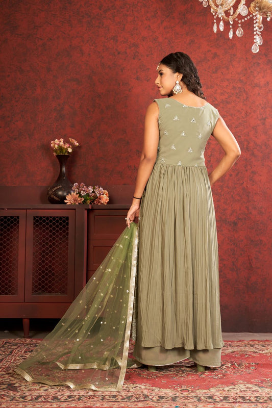 Dazzling Apple Delight: Green Sequin Naira Cut and Plazo Combo in Vibrant Shade