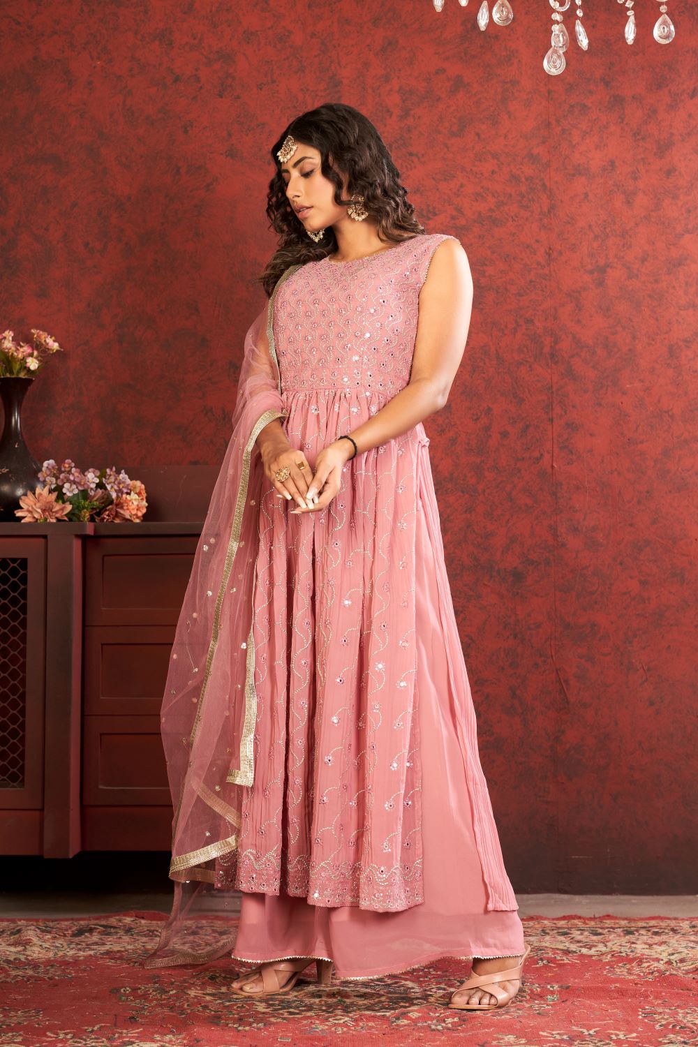 Blushing Beauty: Light Pink Naira Cut Plazo with Sequin Delight