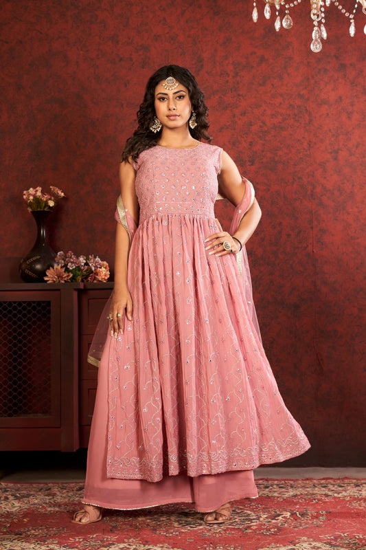 Blushing Beauty: Light Pink Naira Cut Plazo with Sequin Delight