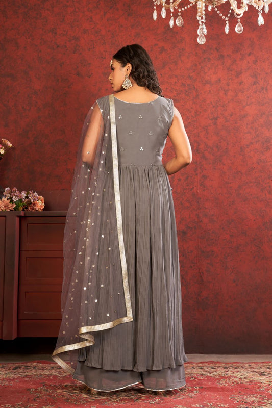 English Wine-Colored Naira Cut with Plazo: Sparkling Sequin Elegance