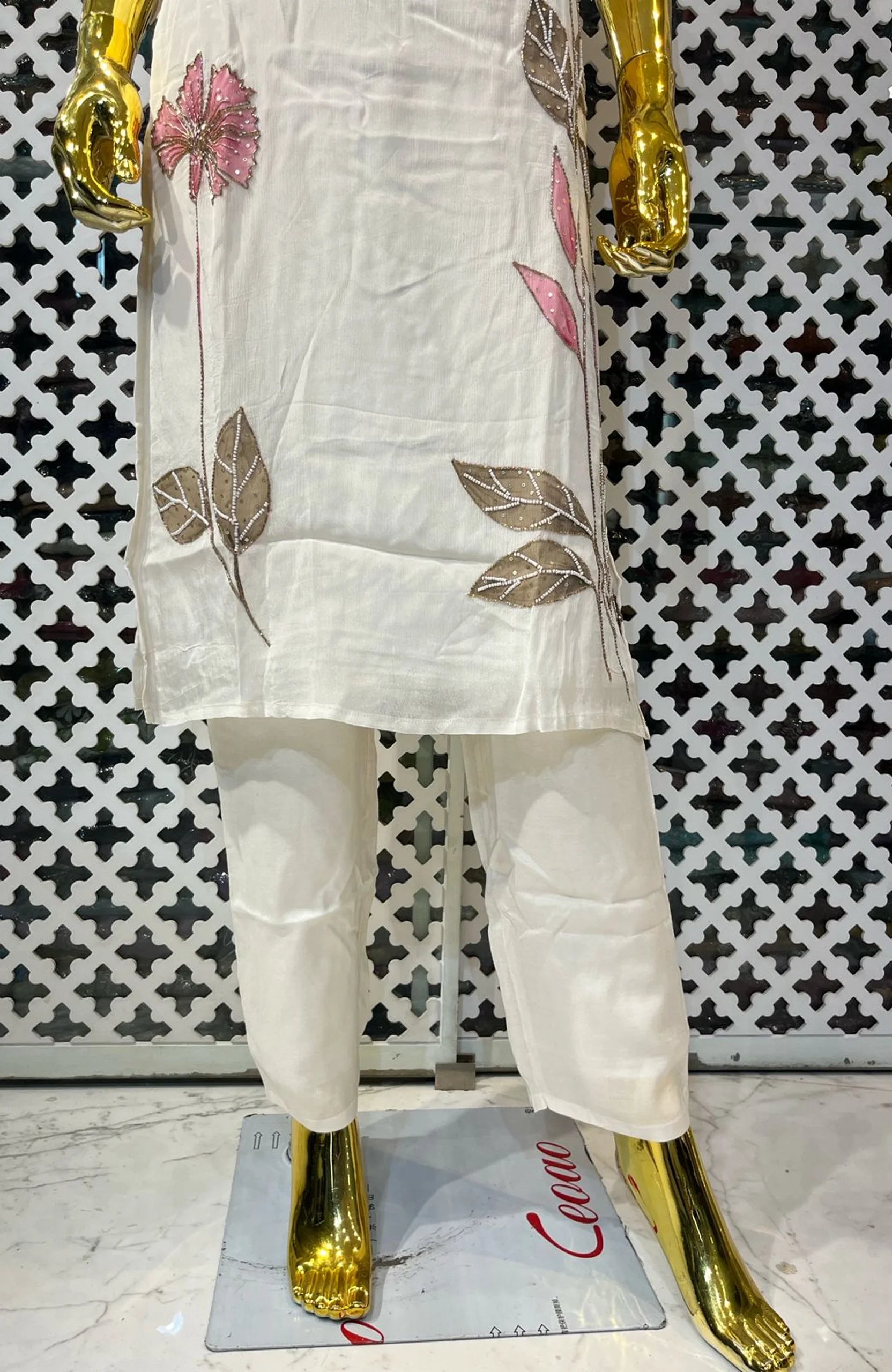 White Pure Chinon Floral Printed Co-Ord Set for Women | Hand Work Designer 2 Piece Cord Set