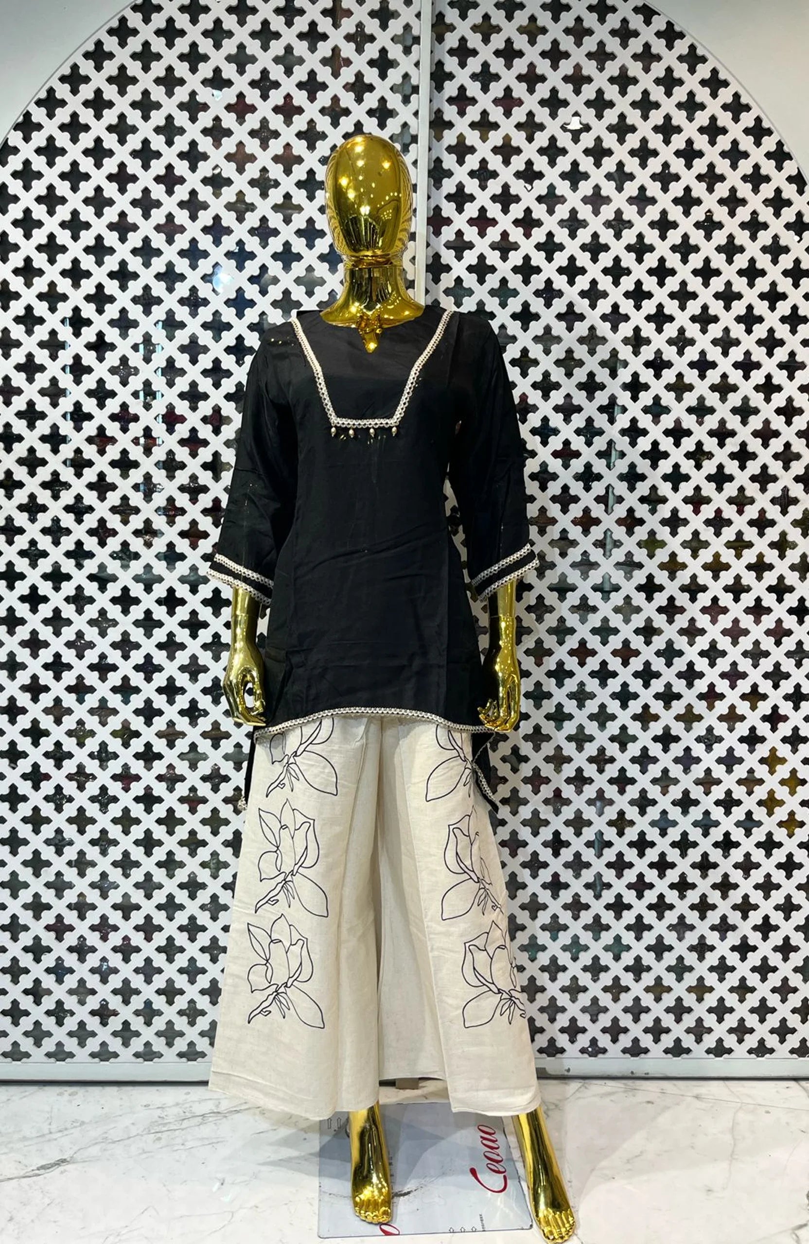 Black Linen Cotton Co-Ord Set for Women with Floral Print Palazzo | Lace Work Designer 2 Piece Cord Set