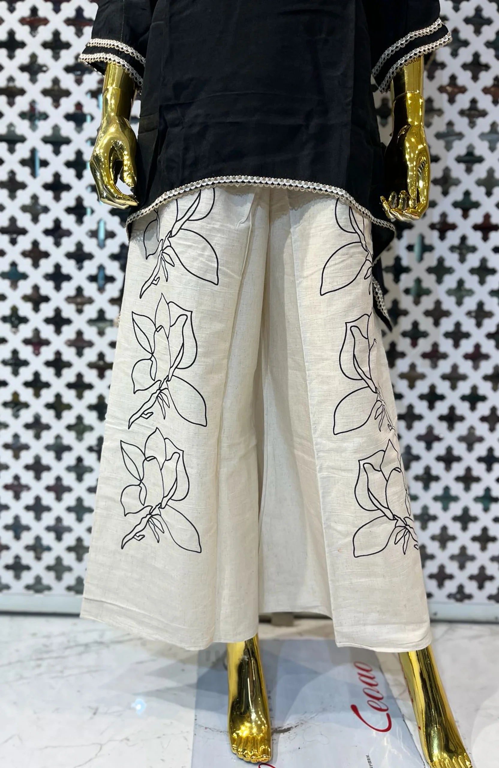 Black Linen Cotton Co-Ord Set for Women with Floral Print Palazzo | Lace Work Designer 2 Piece Cord Set