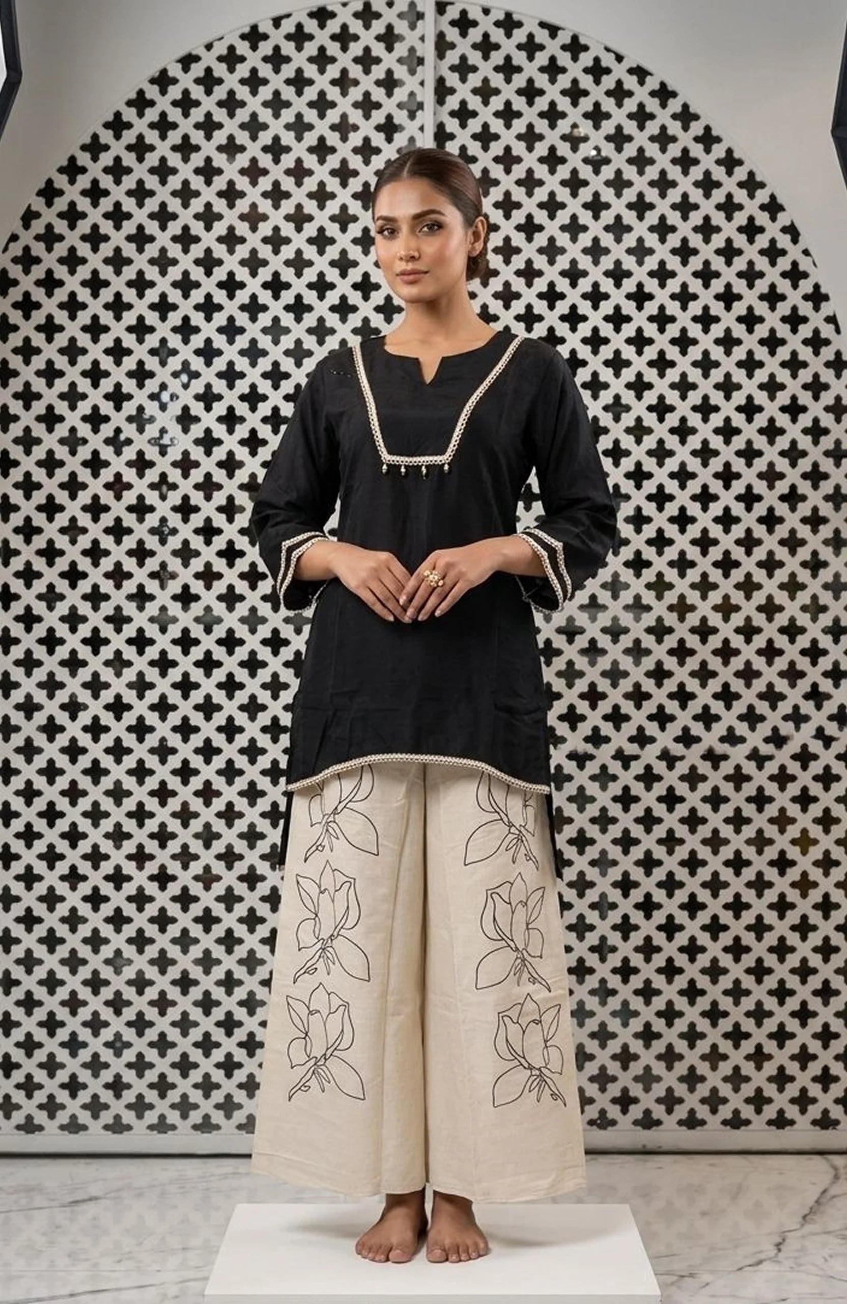 Black Linen Cotton Co-Ord Set for Women with Floral Print Palazzo | Lace Work Designer 2 Piece Cord Set