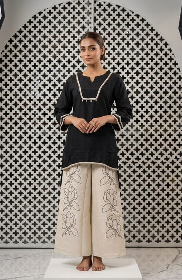 Black Linen Cotton Co-Ord Set for Women with Floral Print Palazzo | Lace Work Designer 2 Piece Cord Set