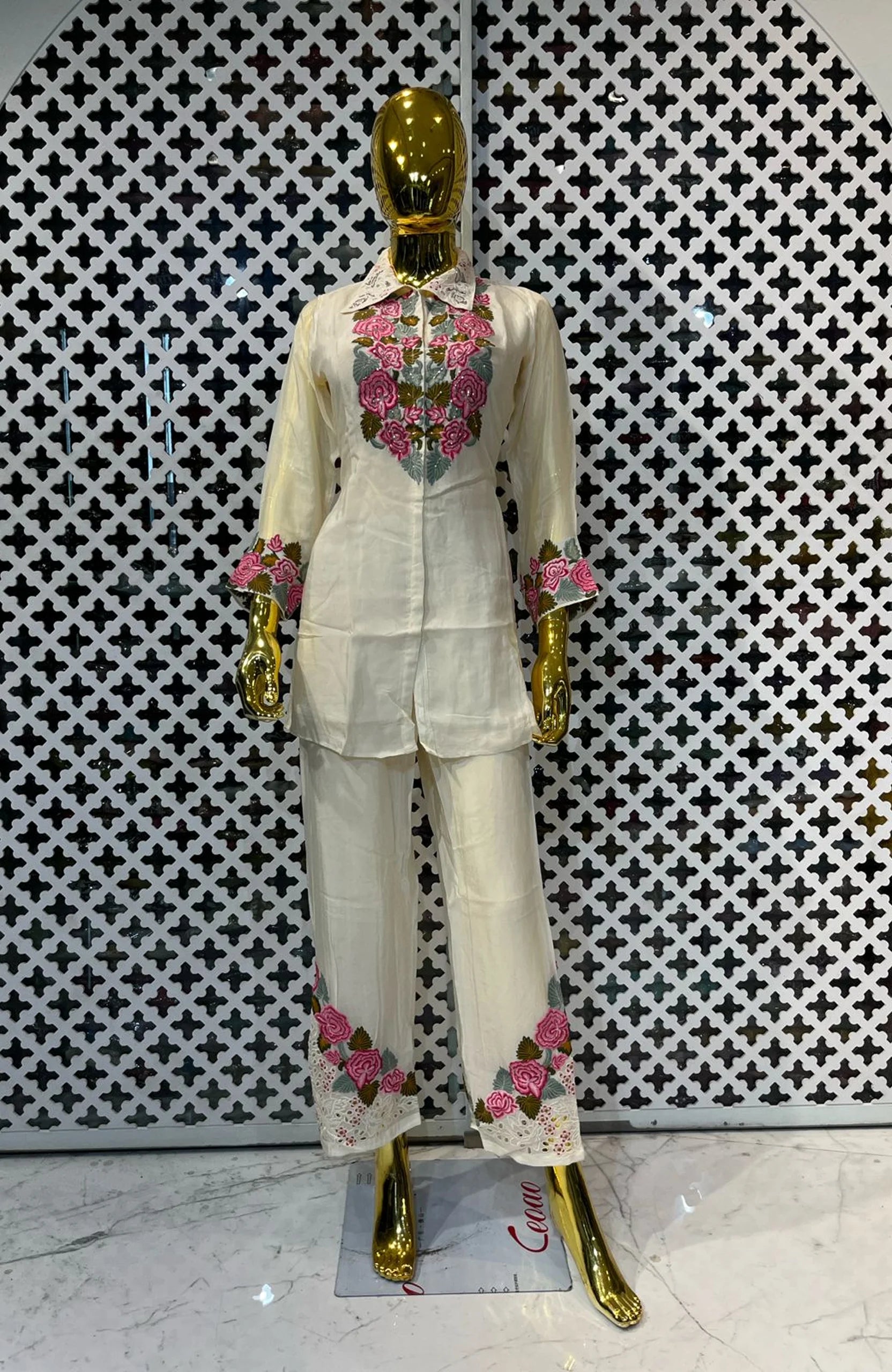 Cream Pure Chinon Embroidered Co-Ord Set for Women | Floral Hand Work Designer 2 Piece Cord Set