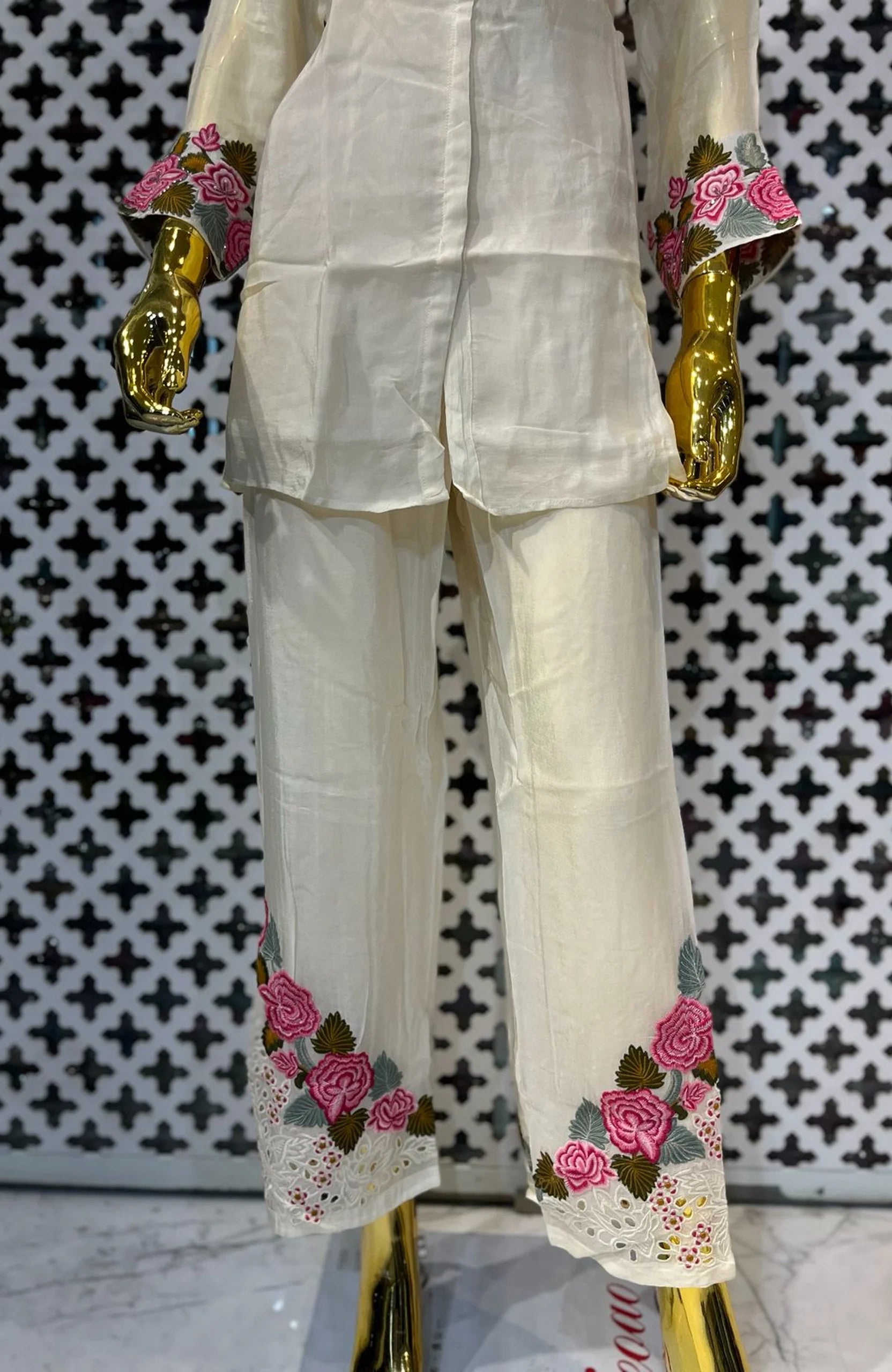 Cream Pure Chinon Embroidered Co-Ord Set for Women | Floral Hand Work Designer 2 Piece Cord Set