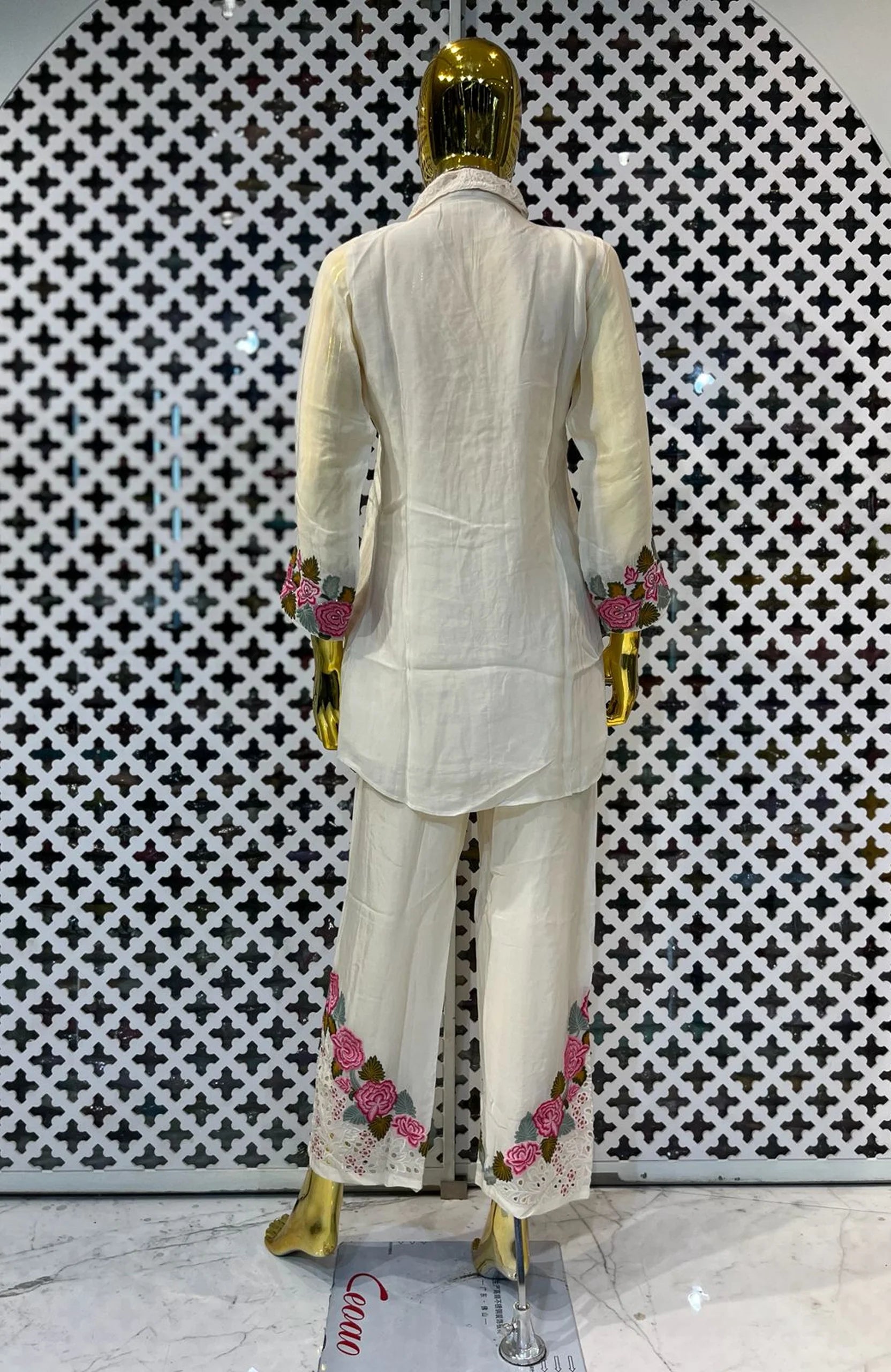 Cream Pure Chinon Embroidered Co-Ord Set for Women | Floral Hand Work Designer 2 Piece Cord Set