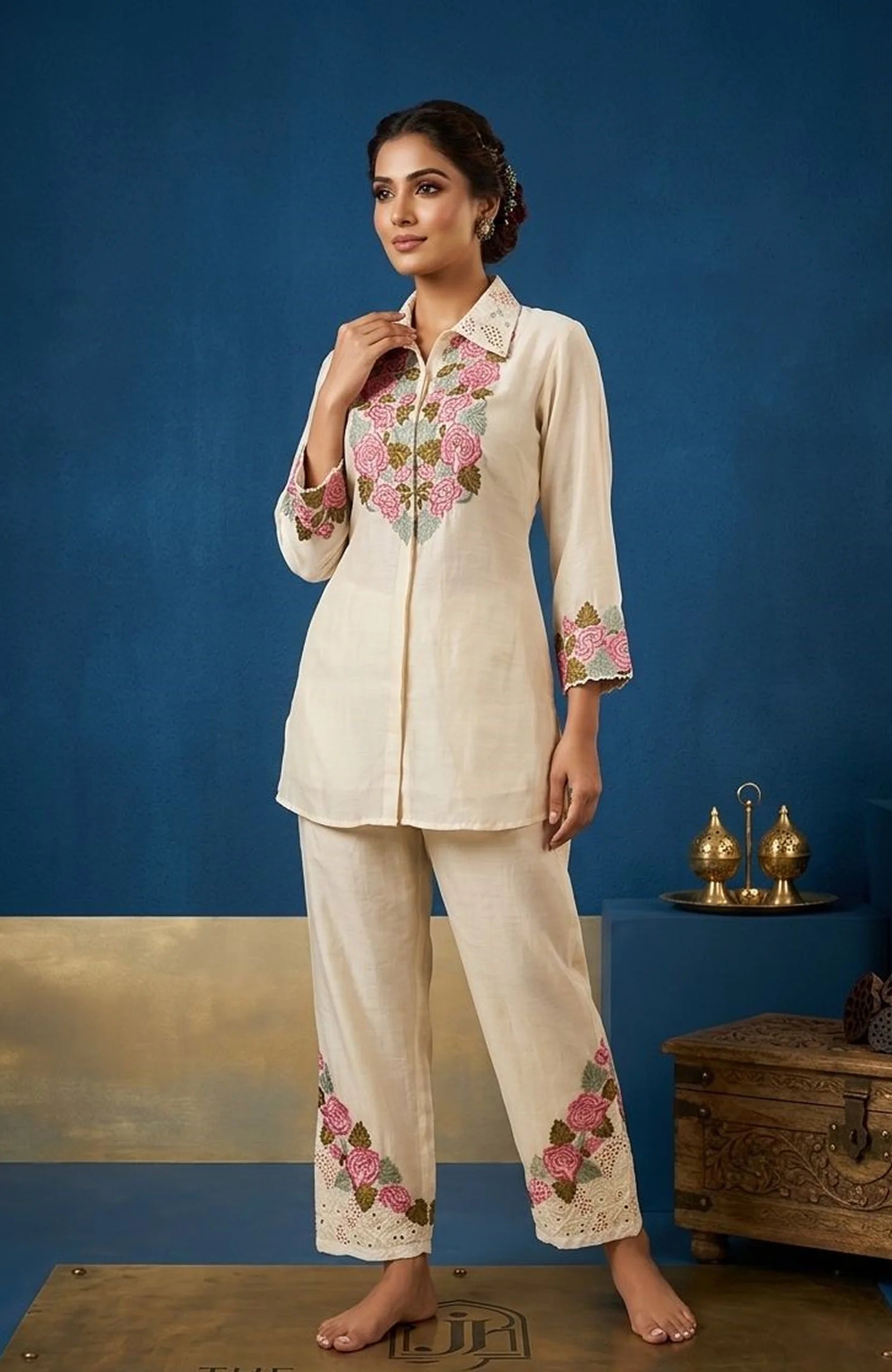 Cream Pure Chinon Embroidered Co-Ord Set for Women | Floral Hand Work Designer 2 Piece Cord Set