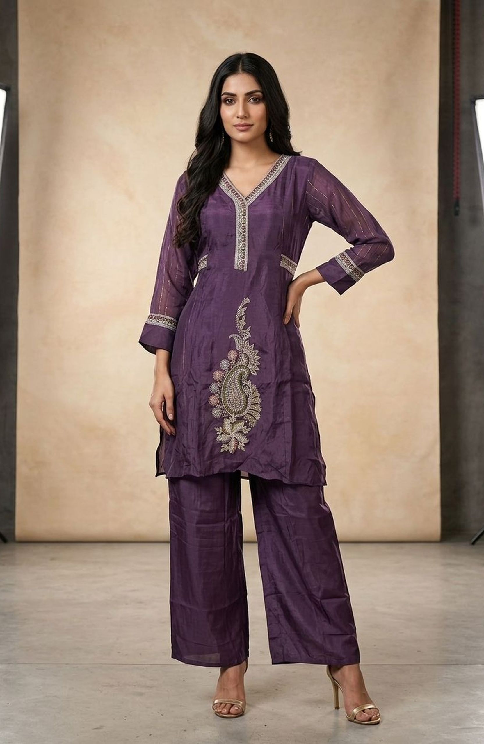 Purple Natural Crepe Handwork Co-Ord Set for Women | Designer Embroidered Kurta Palazzo Set