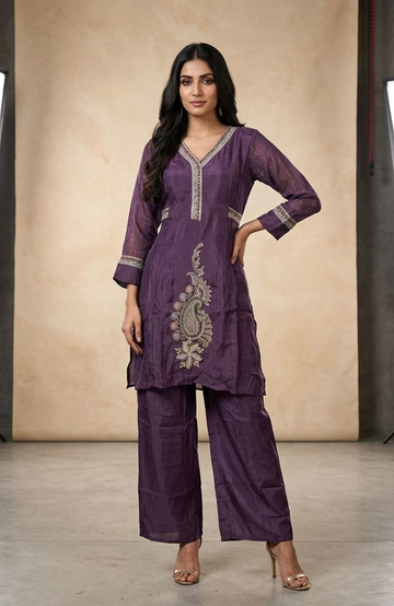 Purple Natural Crepe Handwork Co-Ord Set for Women | Designer Embroidered Kurta Palazzo Set