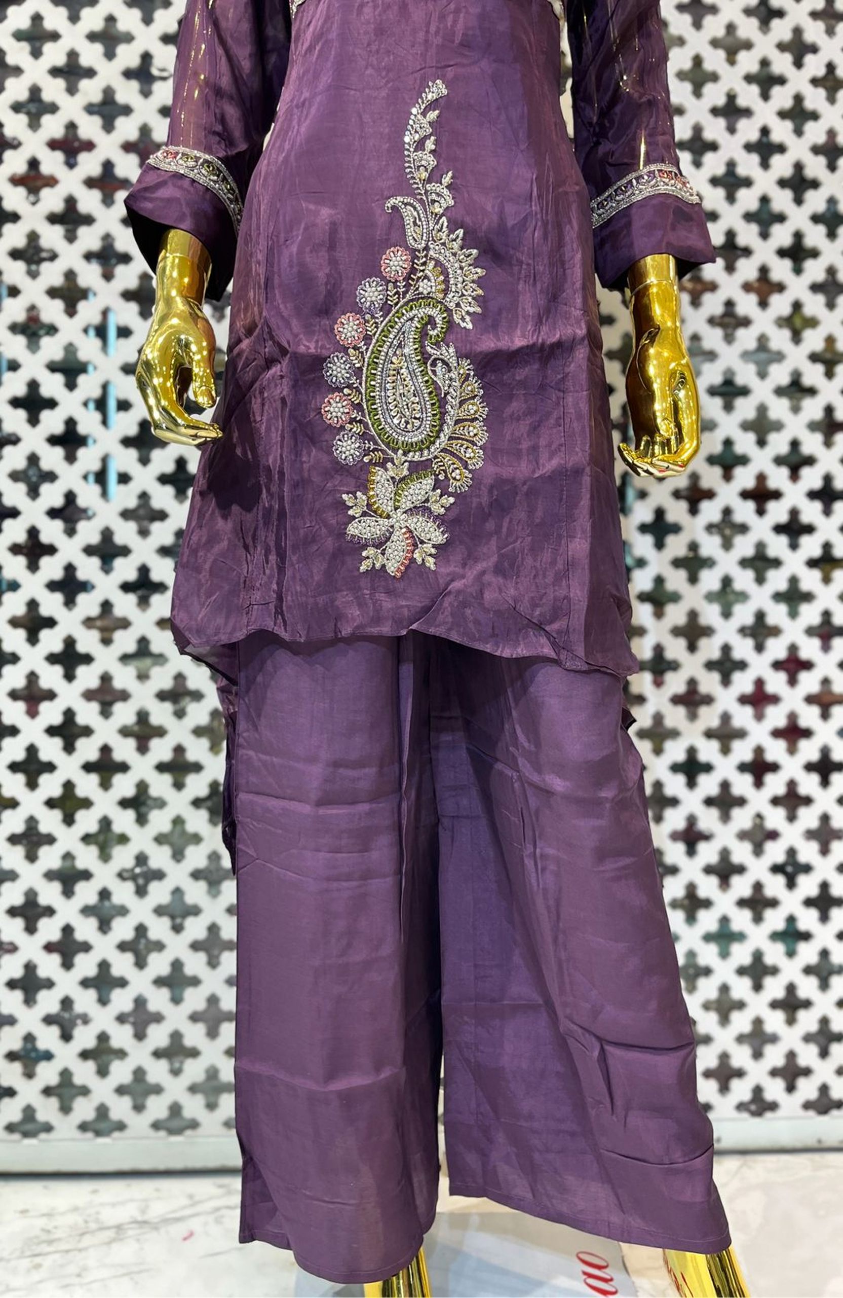 Purple Natural Crepe Handwork Co-Ord Set for Women | Designer Embroidered Kurta Palazzo Set
