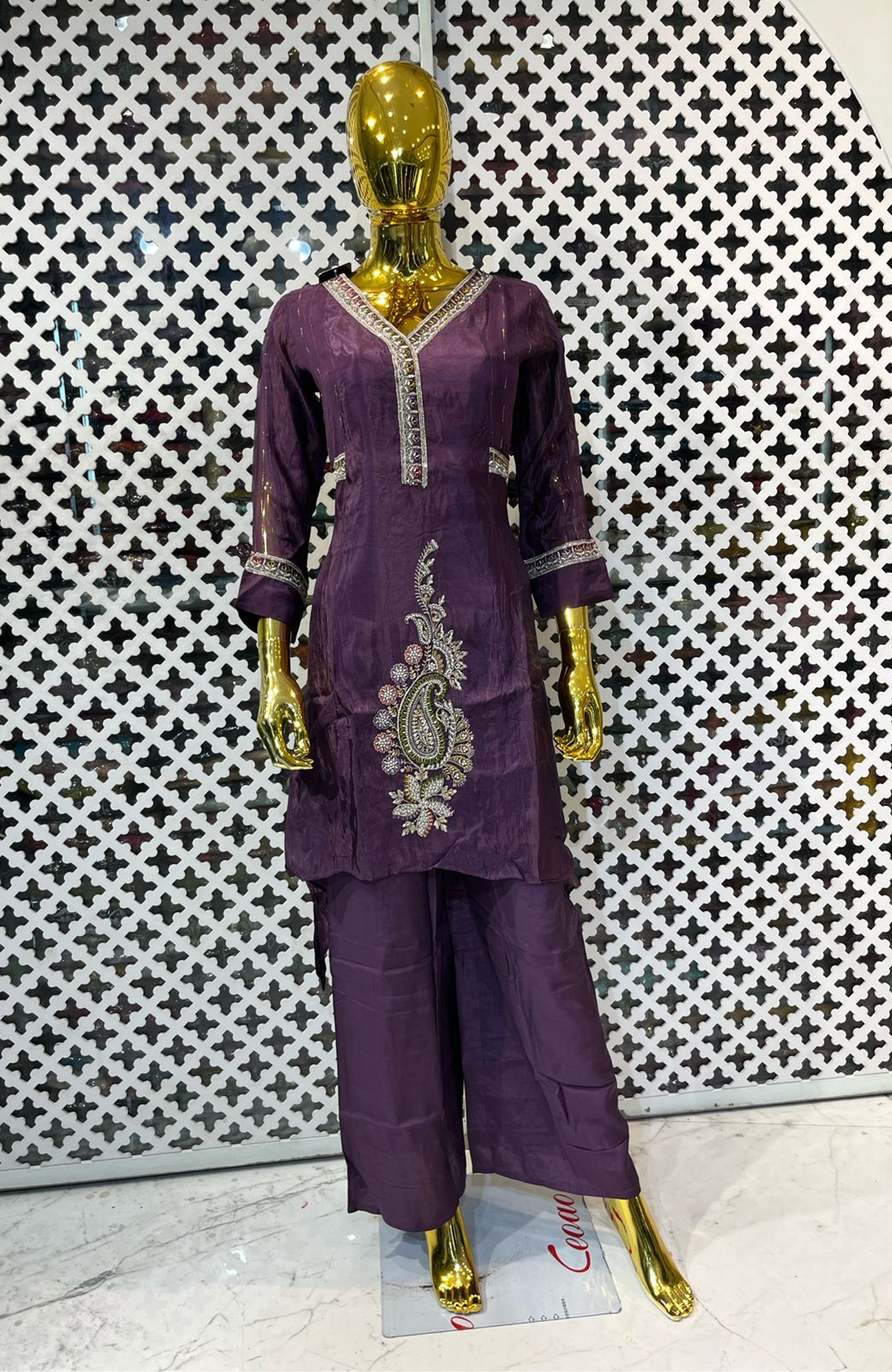 Purple Natural Crepe Handwork Co-Ord Set for Women | Designer Embroidered Kurta Palazzo Set