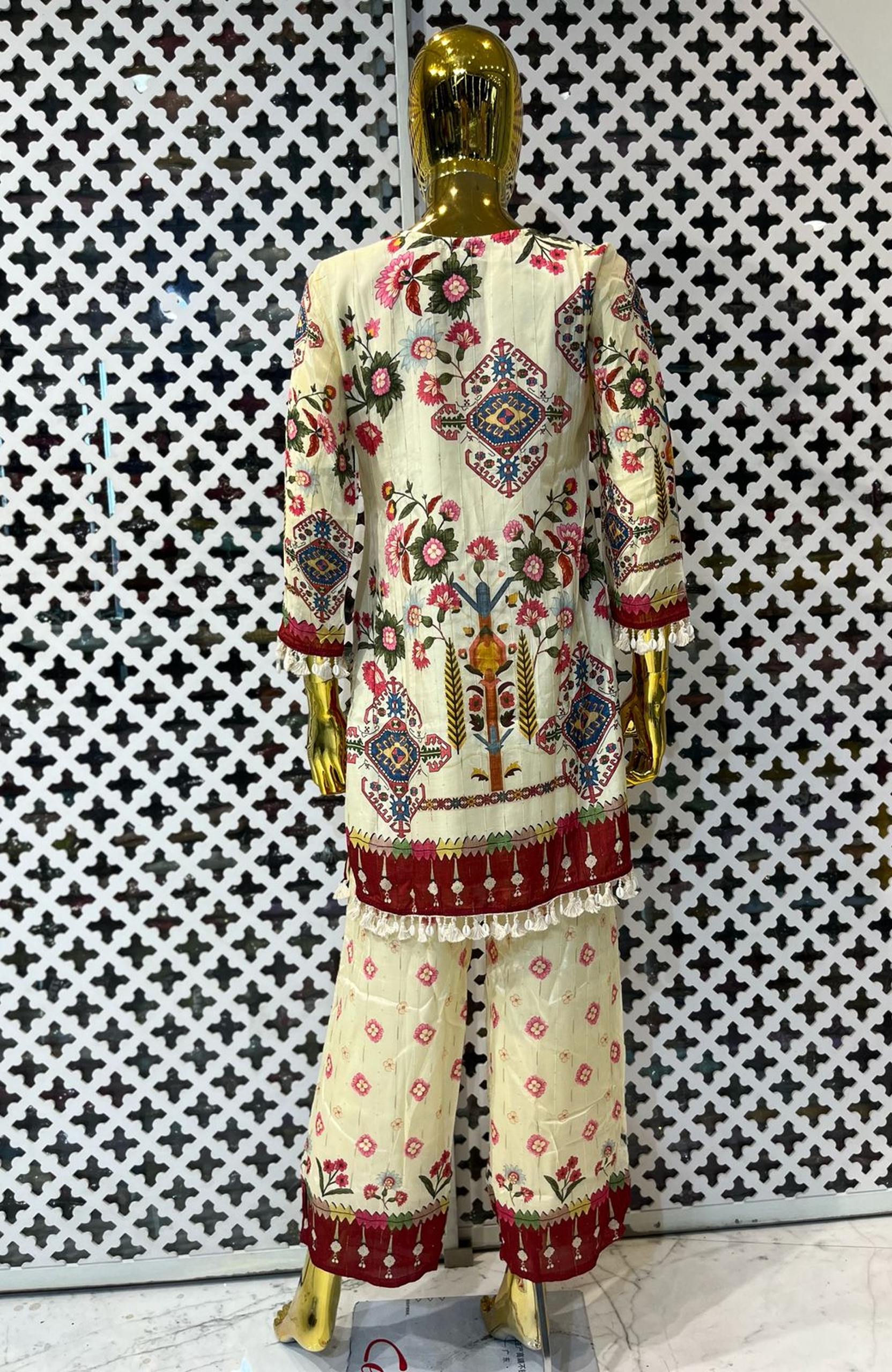 Cream Silk Printed Co-Ord Set for Women | Hand Work Designer Ethnic Cord Set