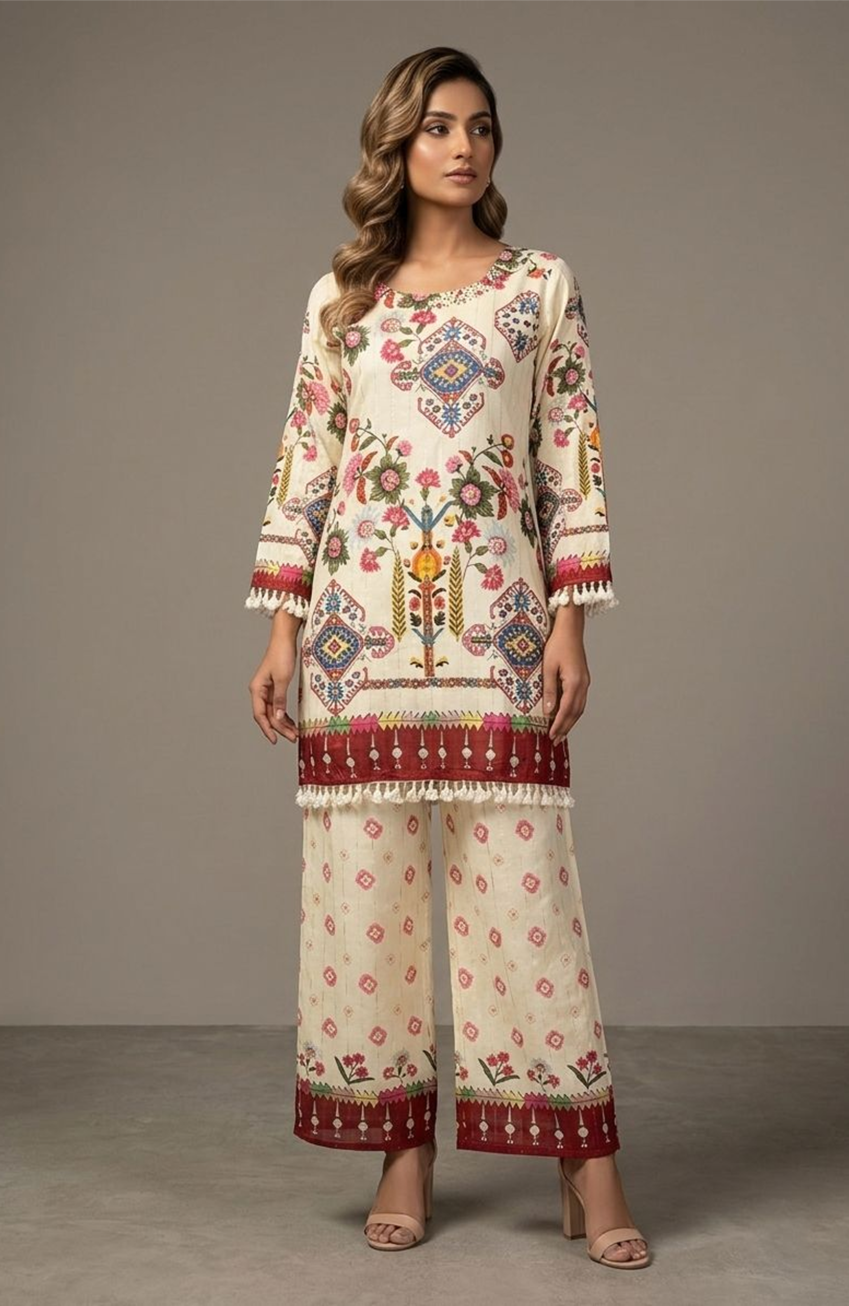 Cream Silk Printed Co-Ord Set for Women | Hand Work Designer Ethnic Cord Set