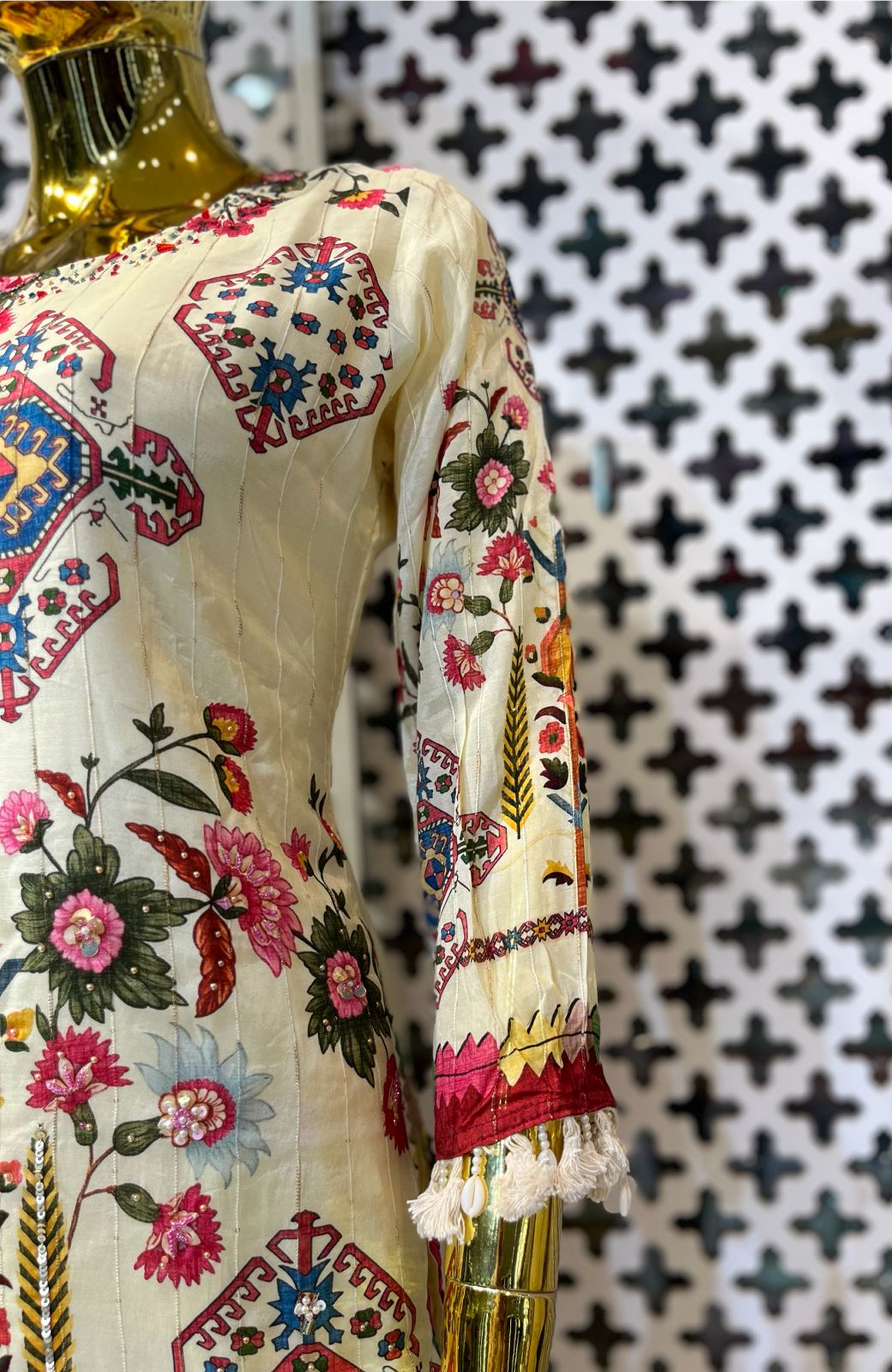 Cream Silk Printed Co-Ord Set for Women | Hand Work Designer Ethnic Cord Set