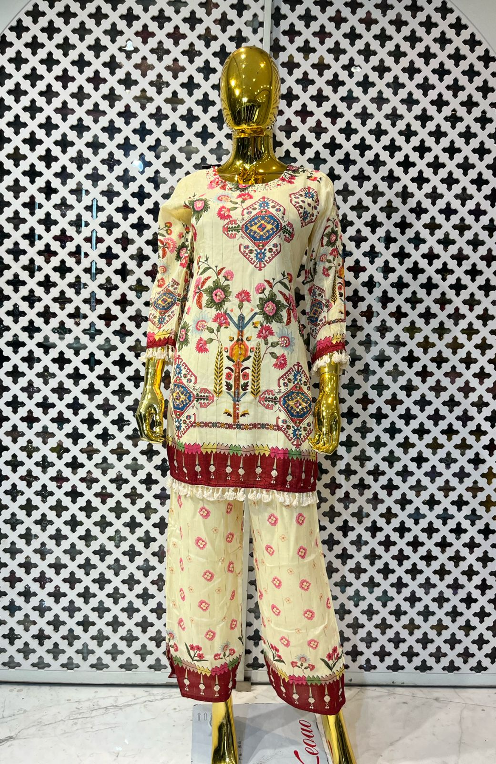 Cream Silk Printed Co-Ord Set for Women | Hand Work Designer Ethnic Cord Set