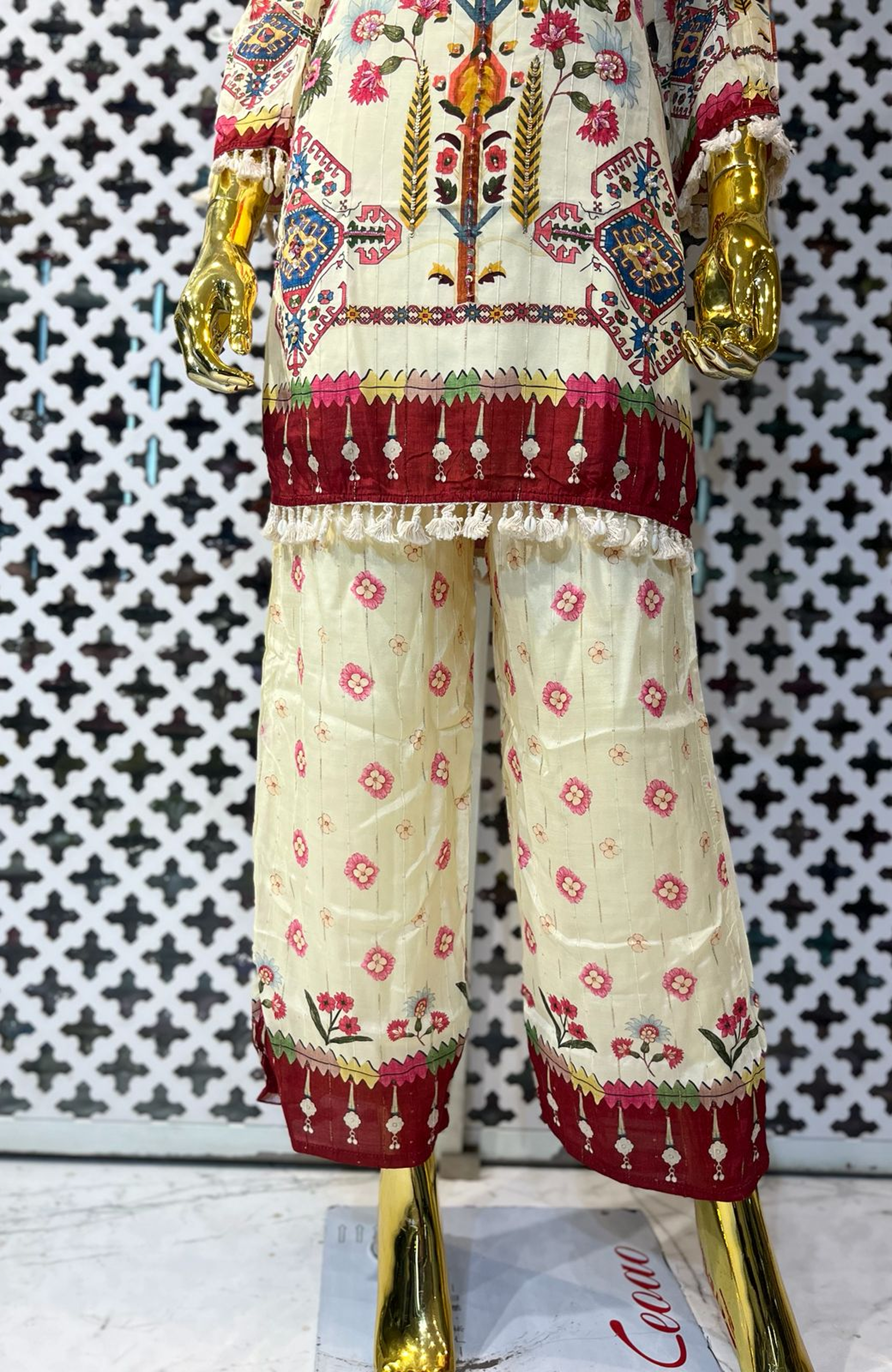 Cream Silk Printed Co-Ord Set for Women | Hand Work Designer Ethnic Cord Set
