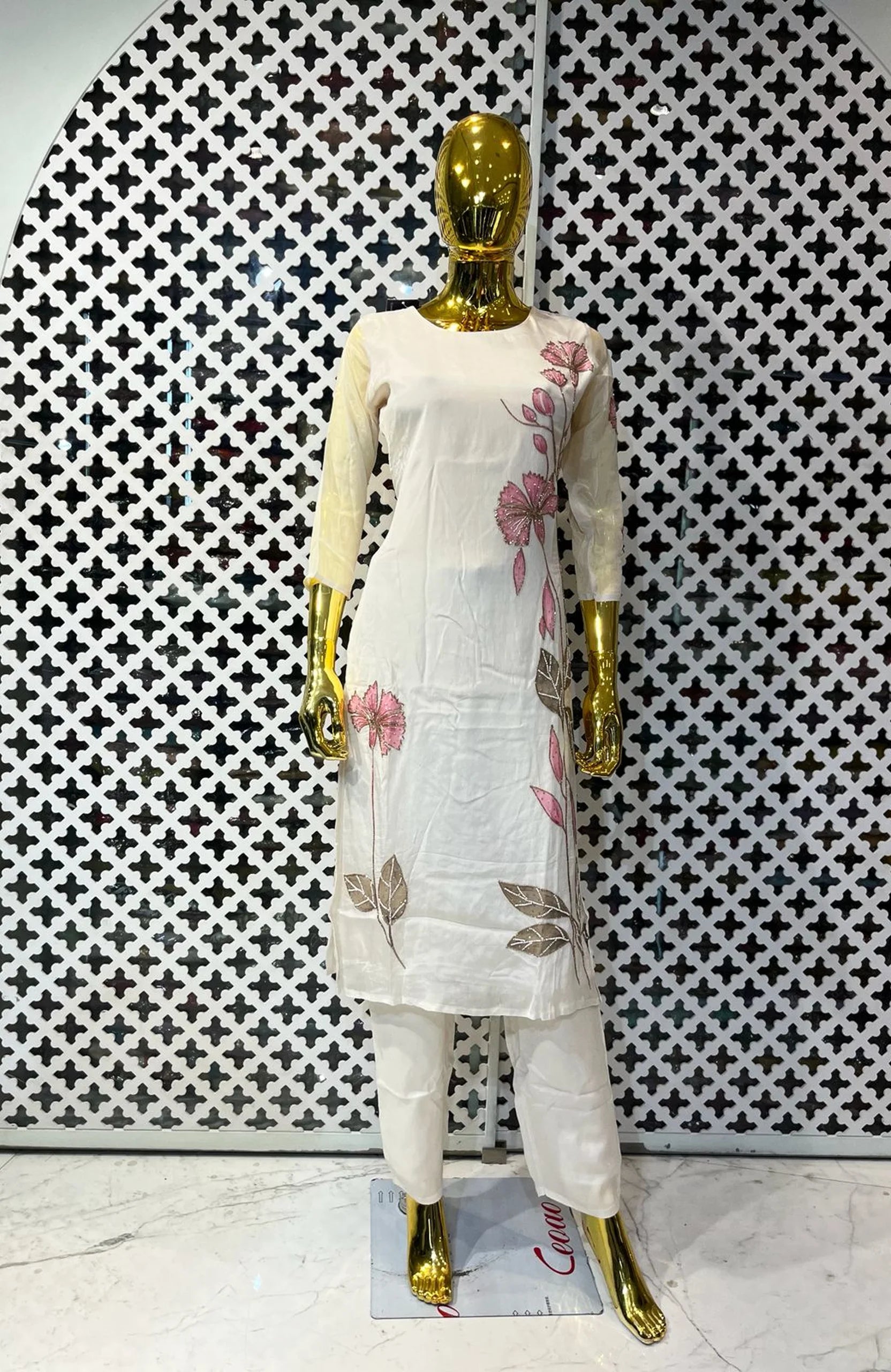 White Pure Chinon Floral Printed Co-Ord Set for Women | Hand Work Designer 2 Piece Cord Set