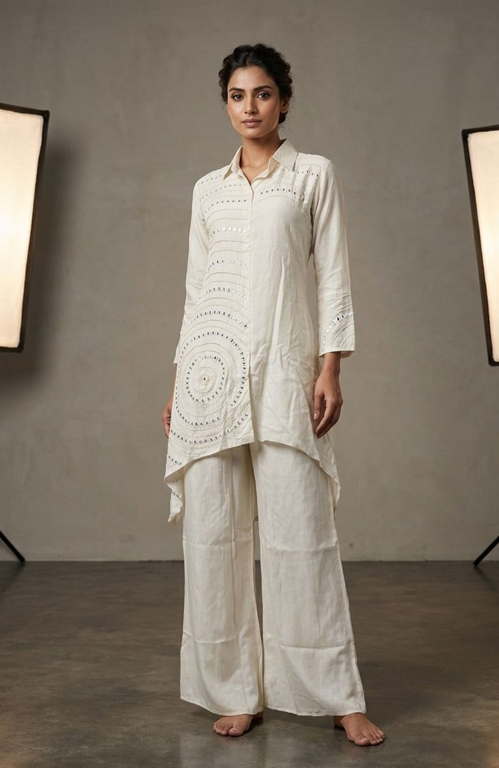 Off White Mirror Work Co-Ord Set for Women | Natural Crepe Designer Cord Set