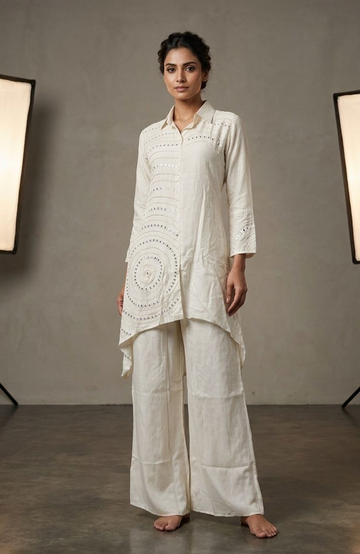 Off White Mirror Work Co-Ord Set for Women | Natural Crepe Designer Cord Set