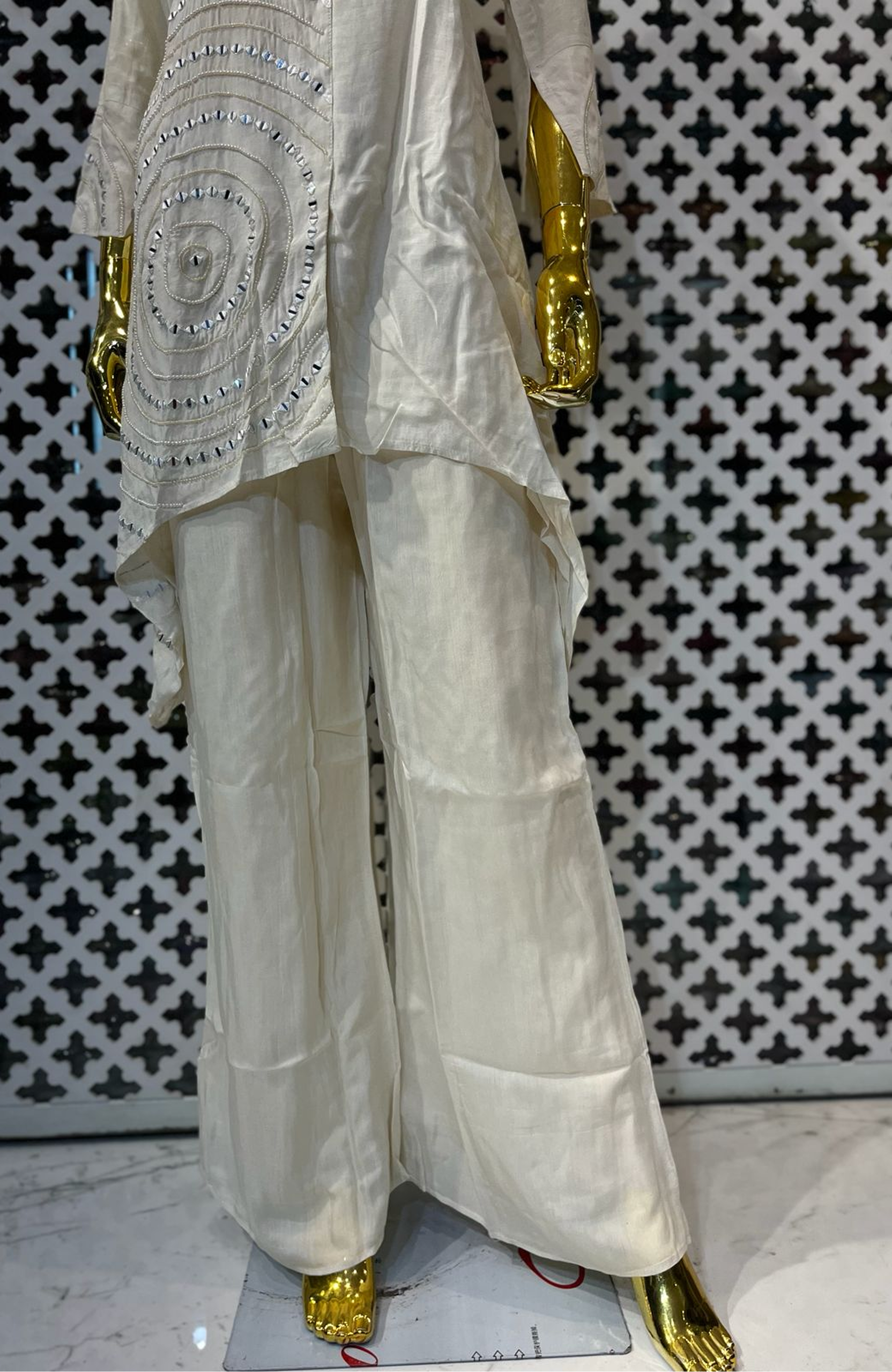 Off White Mirror Work Co-Ord Set for Women | Natural Crepe Designer Cord Set