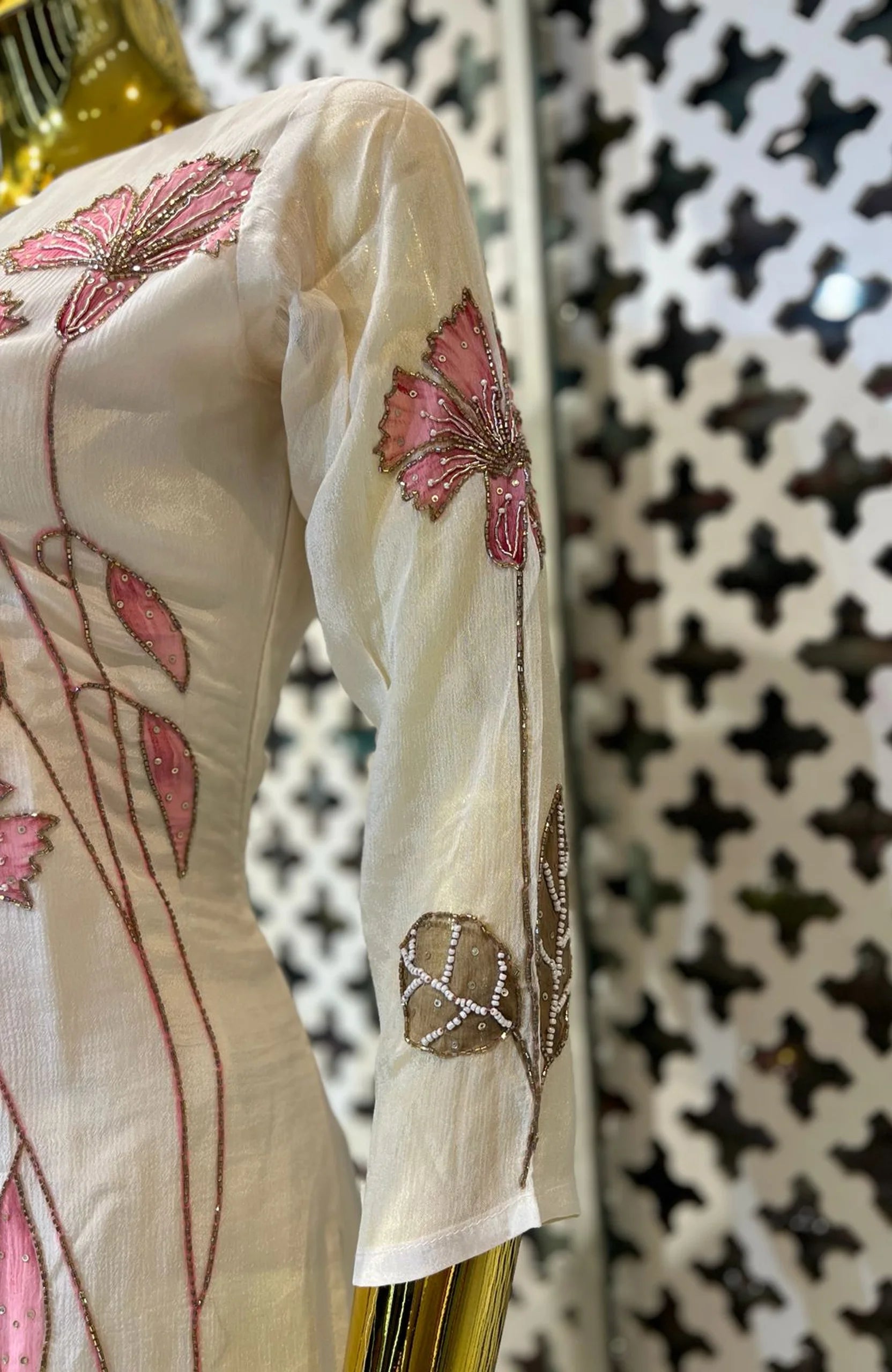 White Pure Chinon Floral Printed Co-Ord Set for Women | Hand Work Designer 2 Piece Cord Set