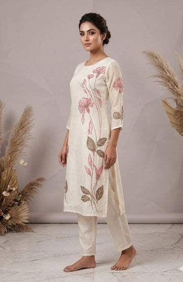 White Pure Chinon Floral Printed Co-Ord Set for Women | Hand Work Designer 2 Piece Cord Set