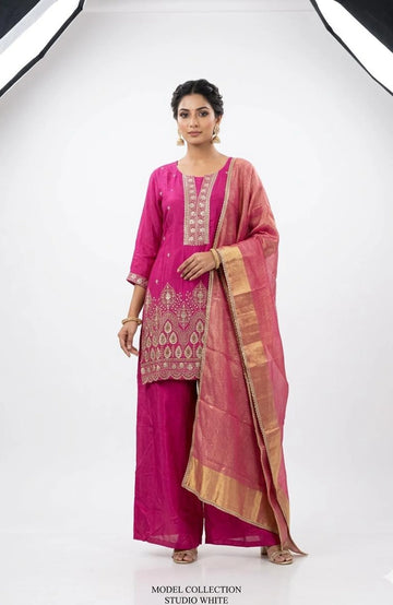 Magenta Pure Crepe Handwork 3 Piece Palazzo Set for Women | Designer Ethnic Wear