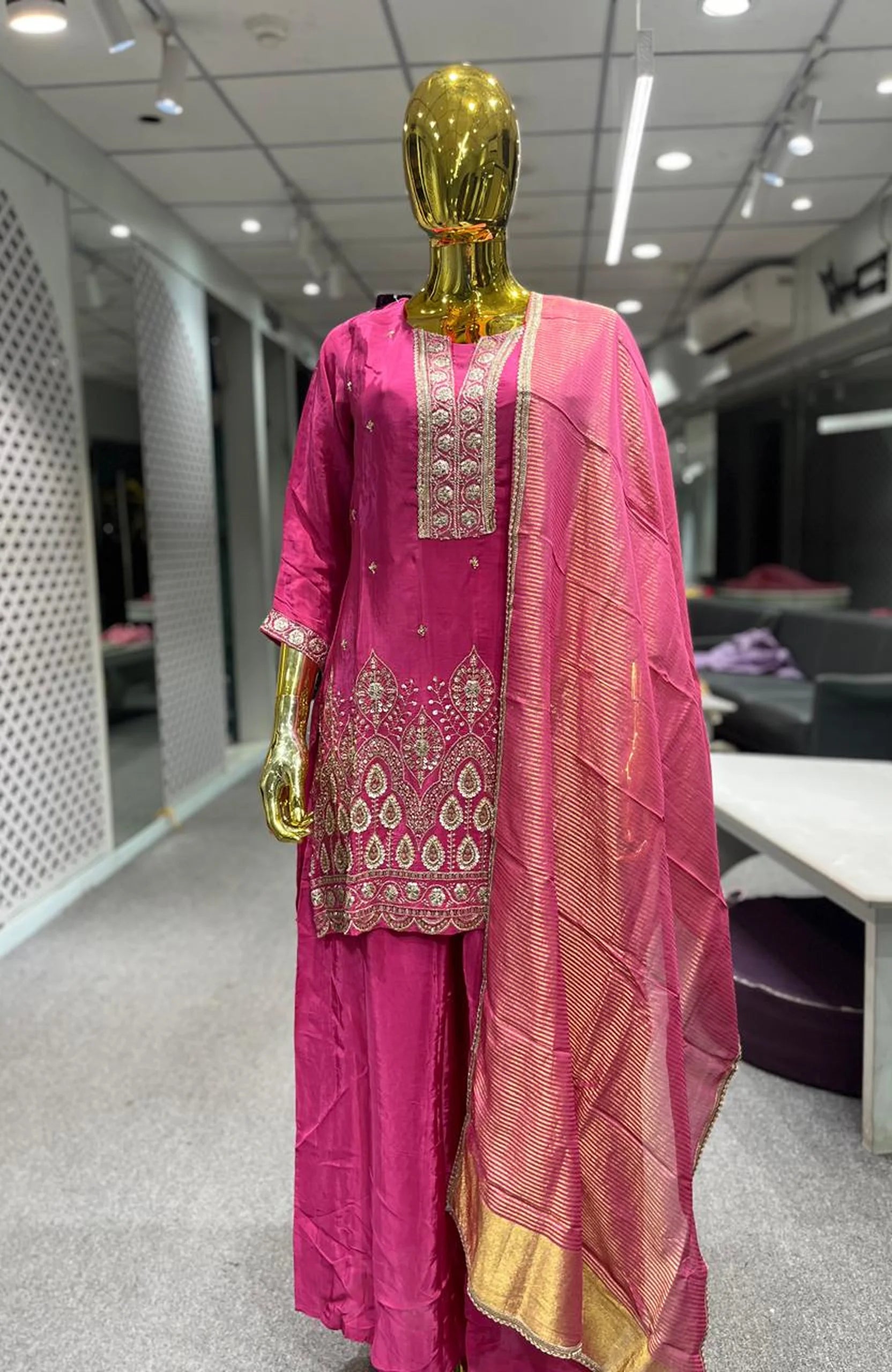Magenta Pure Crepe Handwork 3 Piece Palazzo Set for Women | Designer Ethnic Wear