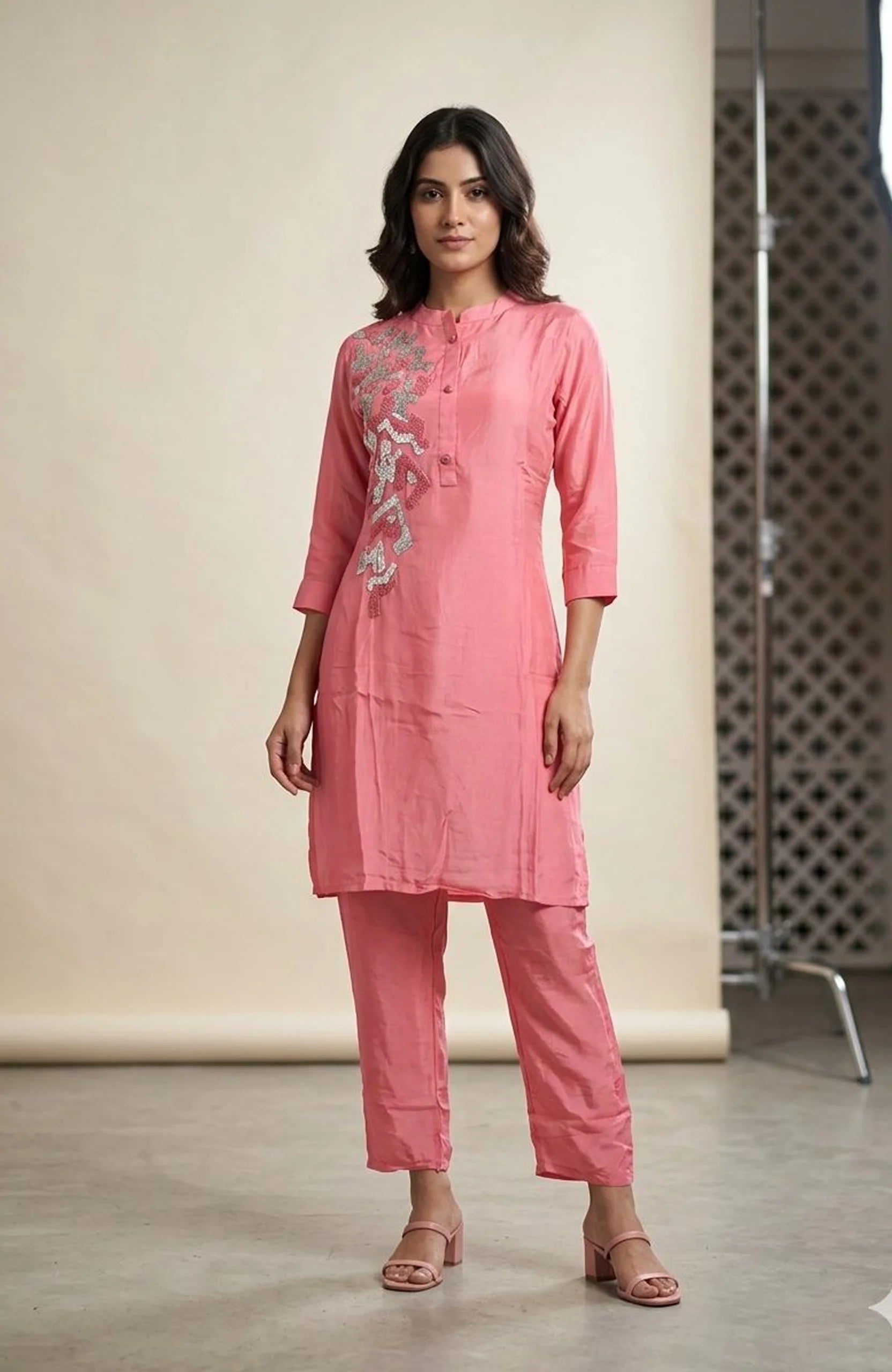 Baby Pink Hand Work Co-Ord Set for Women | Premium Natural Crepe Designer 2 Piece Cord Set