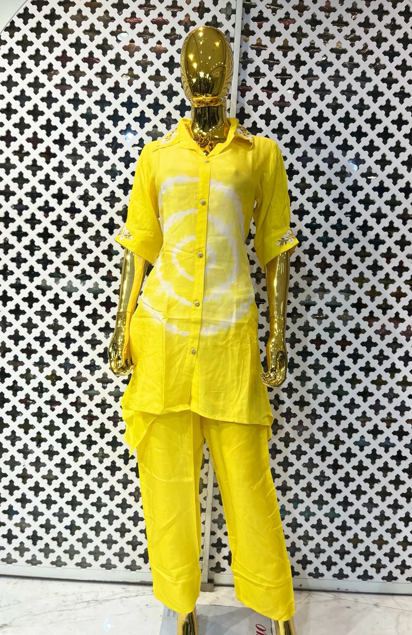 Yellow Pure Silk Batik Print Co-Ord Set for Women | Hand Work Designer 2 Piece Cord Set