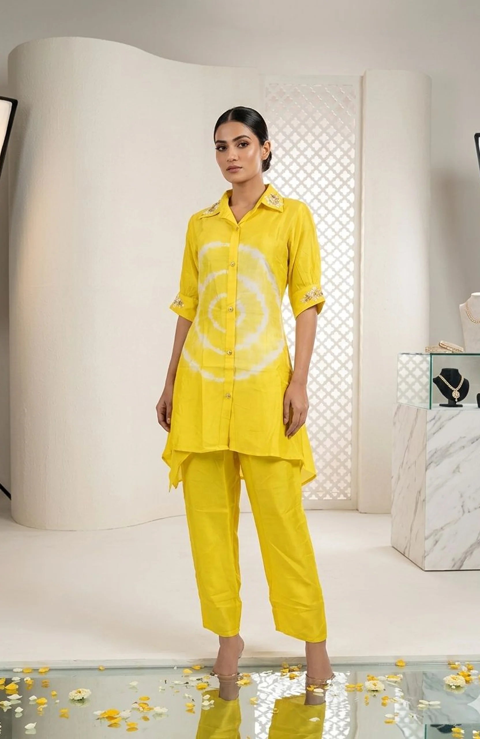 Yellow Pure Silk Batik Print Co-Ord Set for Women | Hand Work Designer 2 Piece Cord Set