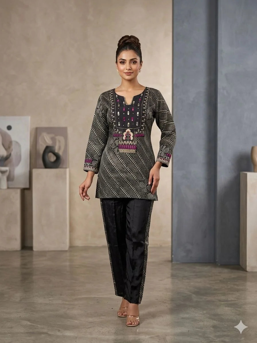 Black Imported Mirror & Handwork 2 Piece Cord Set for Women | Designer Ethnic Co-ord Set