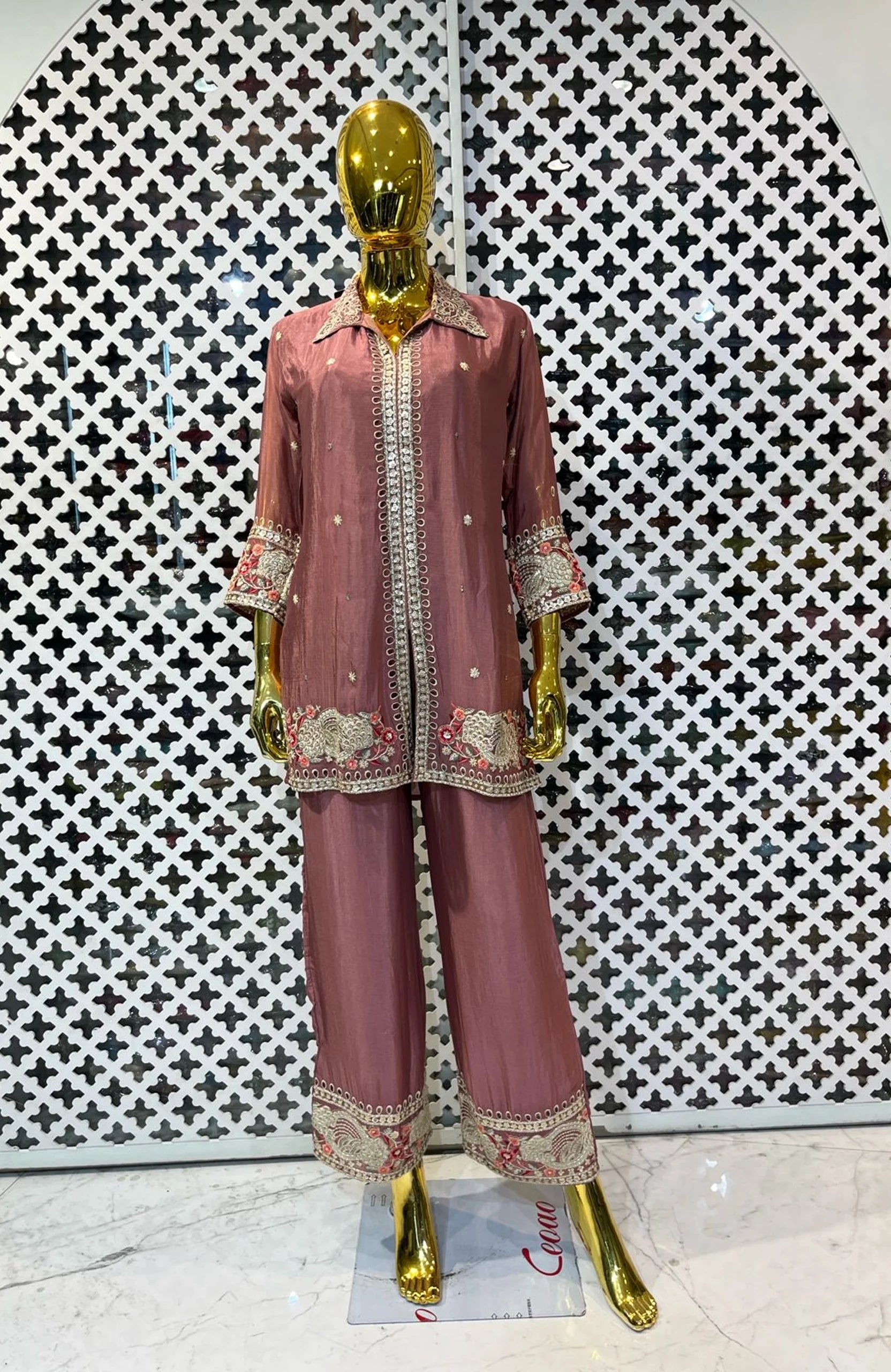 Onion Pink Pure Chinon Embroidered Co-Ord Set for Women | Hand Work Designer 2 Piece Cord Set