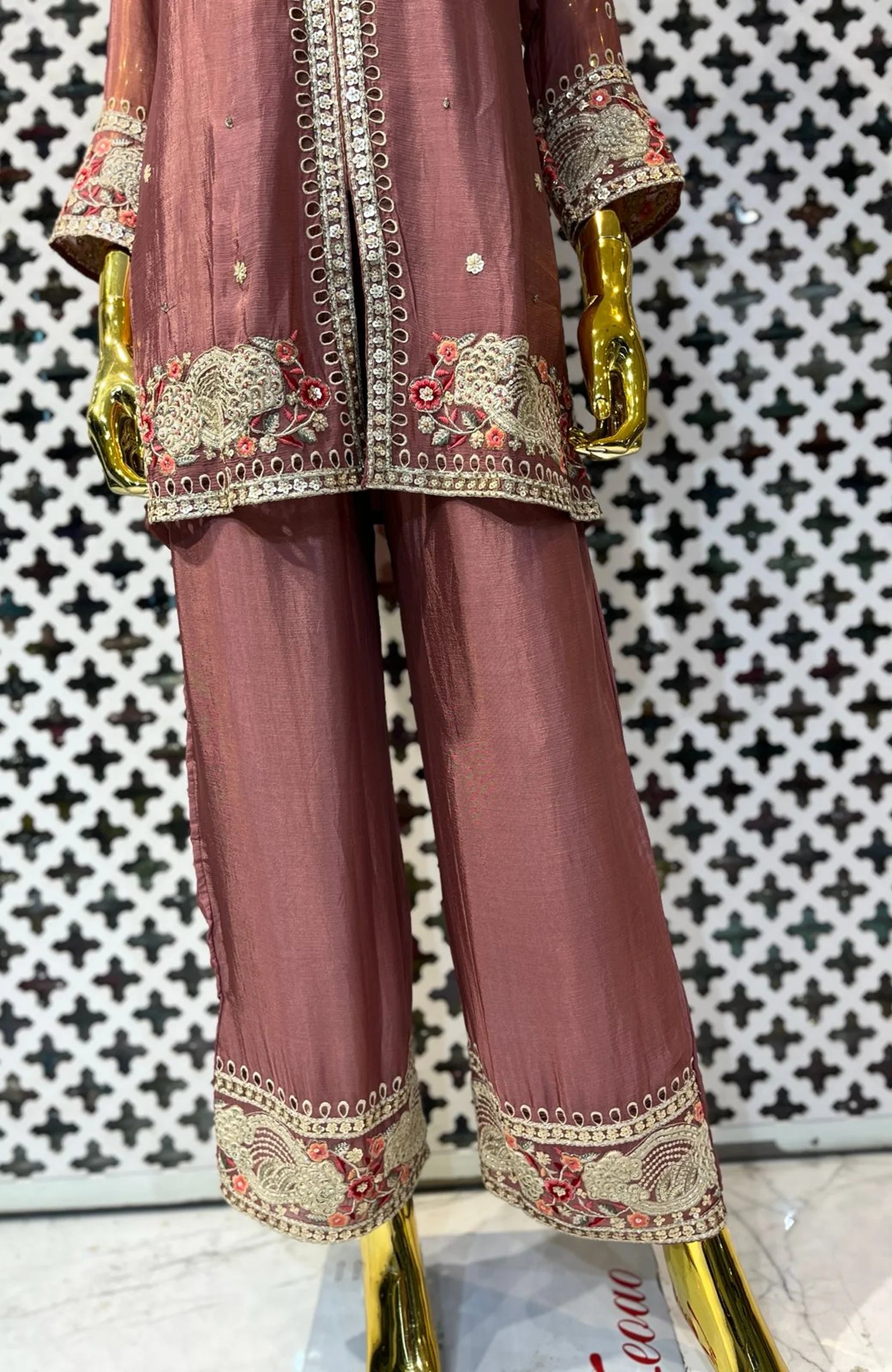 Onion Pink Pure Chinon Embroidered Co-Ord Set for Women | Hand Work Designer 2 Piece Cord Set