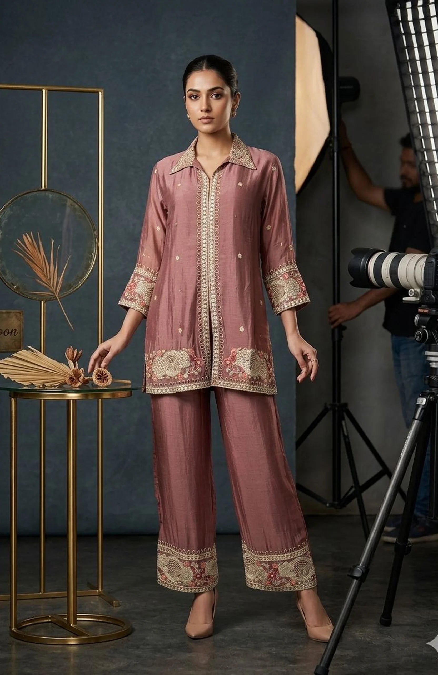 Onion Pink Pure Chinon Embroidered Co-Ord Set for Women | Hand Work Designer 2 Piece Cord Set