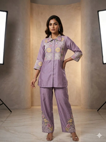 Purple Pure Chinon Embroidery & Handwork 2 Piece Cord Set for Women | Designer Ethnic Co-ord Set