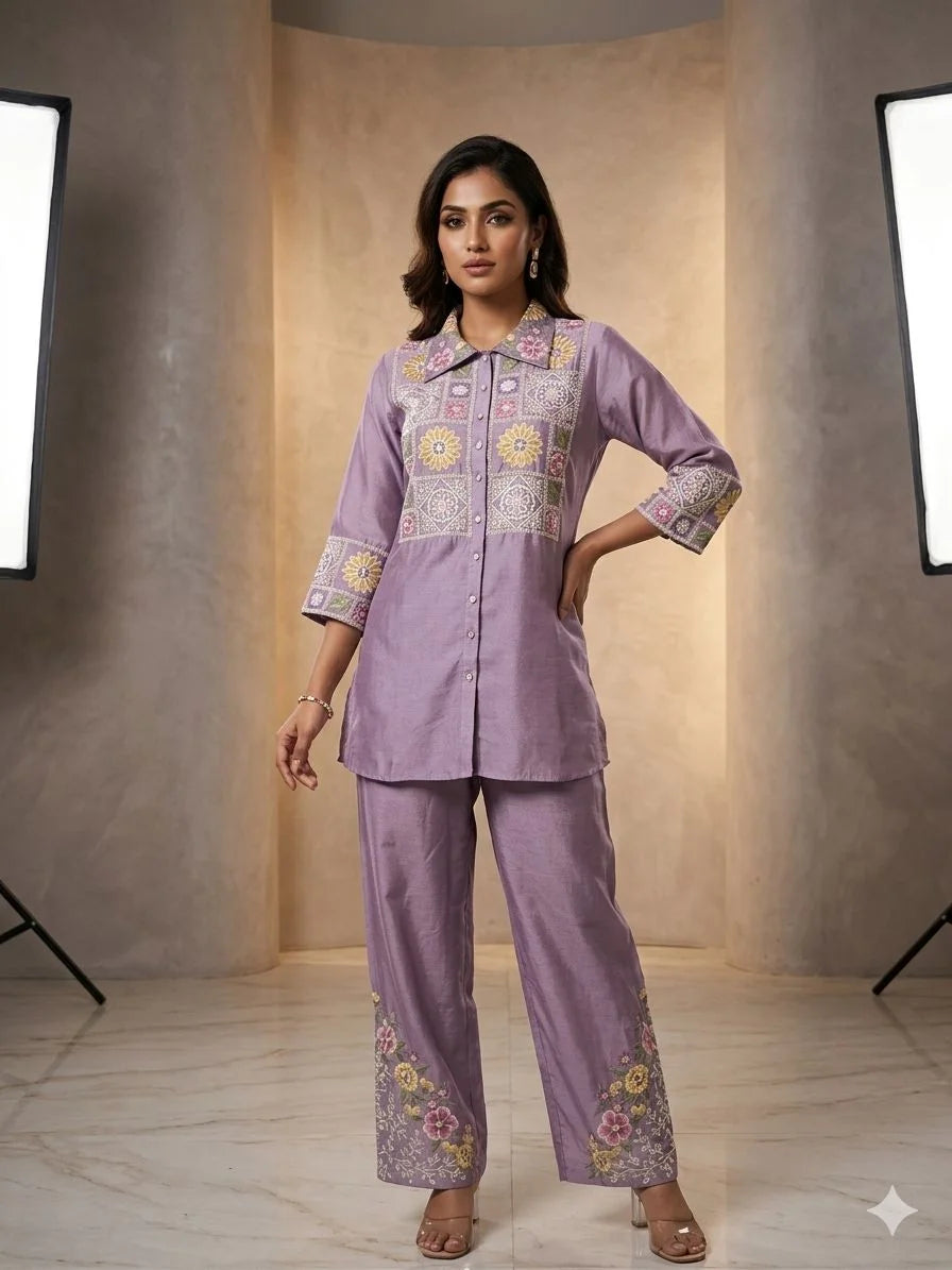 Purple Pure Chinon Embroidery & Handwork 2 Piece Cord Set for Women | Designer Ethnic Co-ord Set